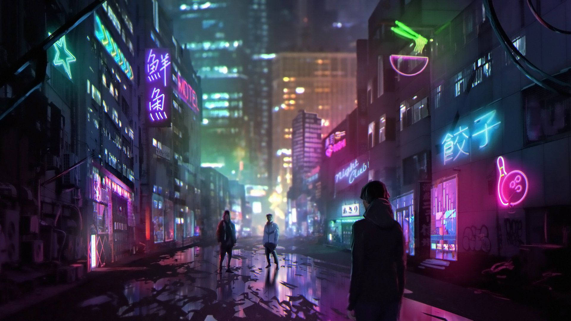 Cyberpunk, 1920x1080, neon-lit city street, Full HD Desktop Wallpaper