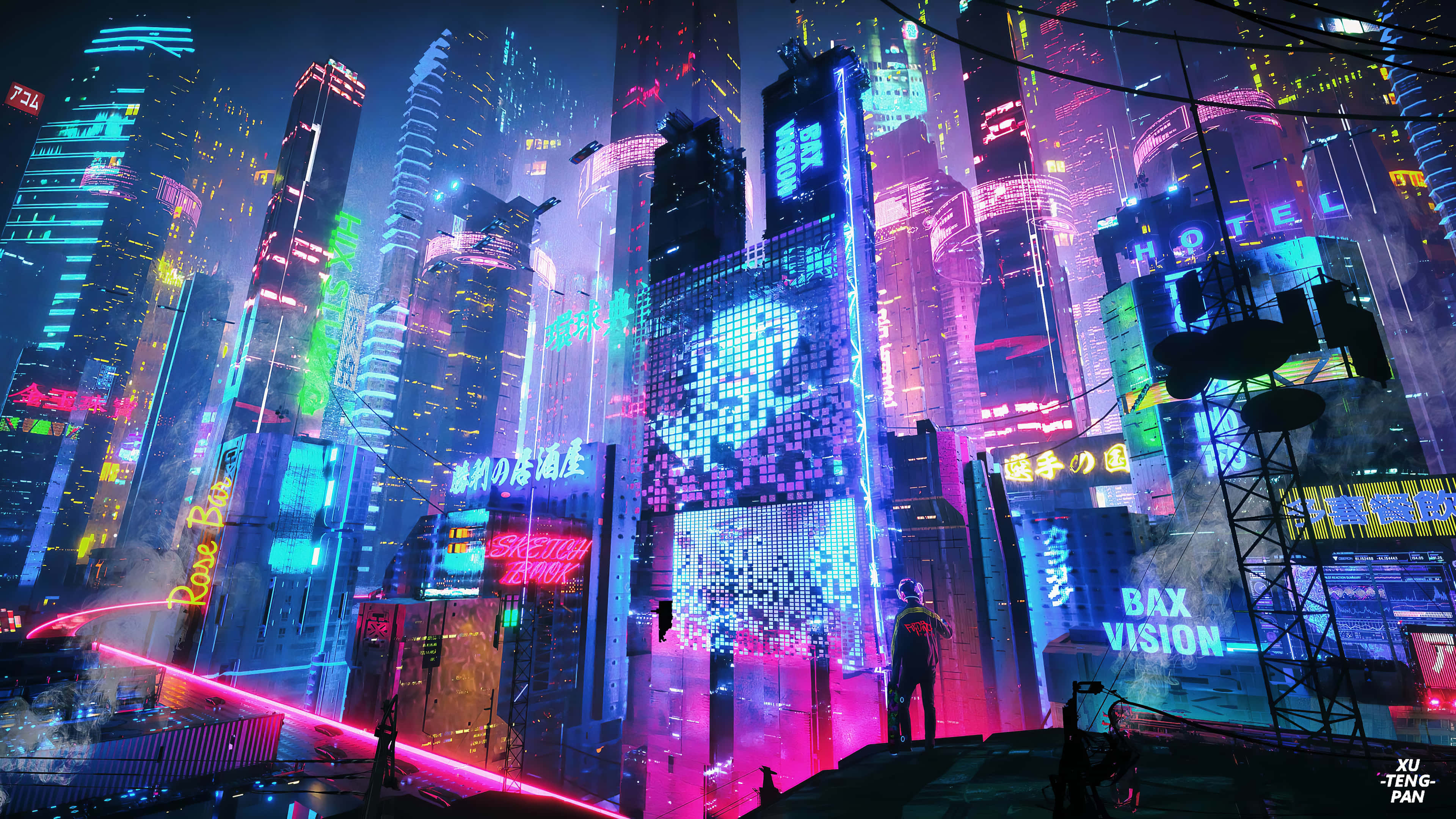 cyberpunk aesthetic, neon-drenched cyberpunk cityscape, rooftop, 4K Desktop Wallpaper