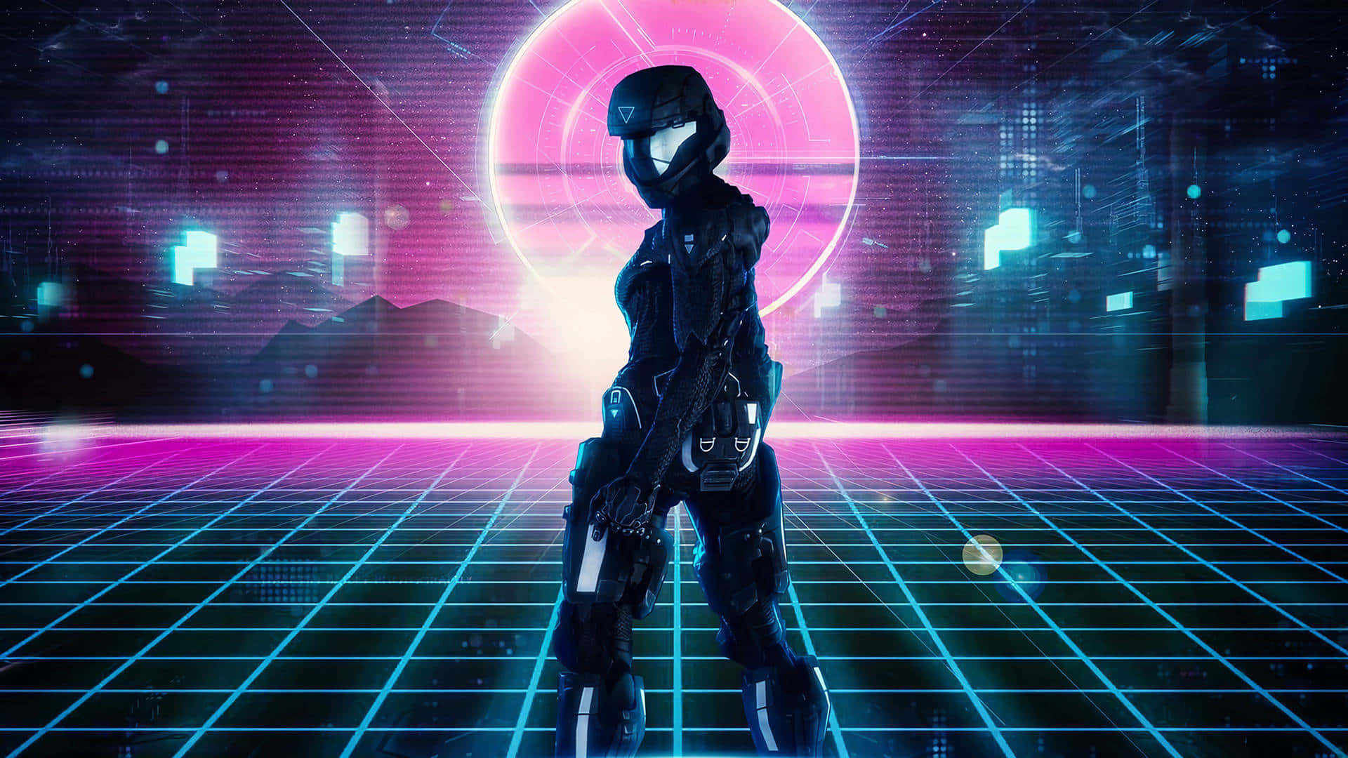 neon pink circular portal, glowing grid, futuristic soldier, Full HD Desktop Wallpaper