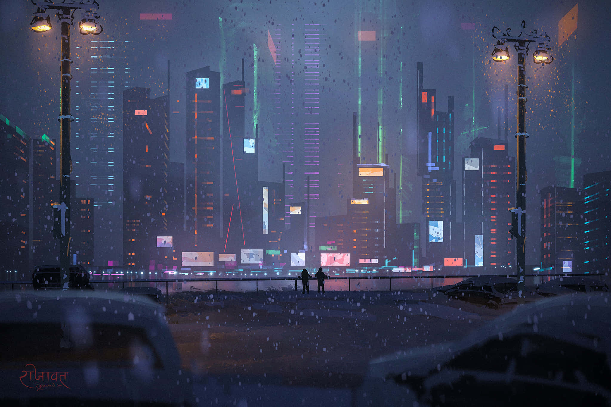 Cyberpunk Aesthetic, neon-lit cyberpunk cityscape, rainy bridge, Full HD Desktop Wallpaper