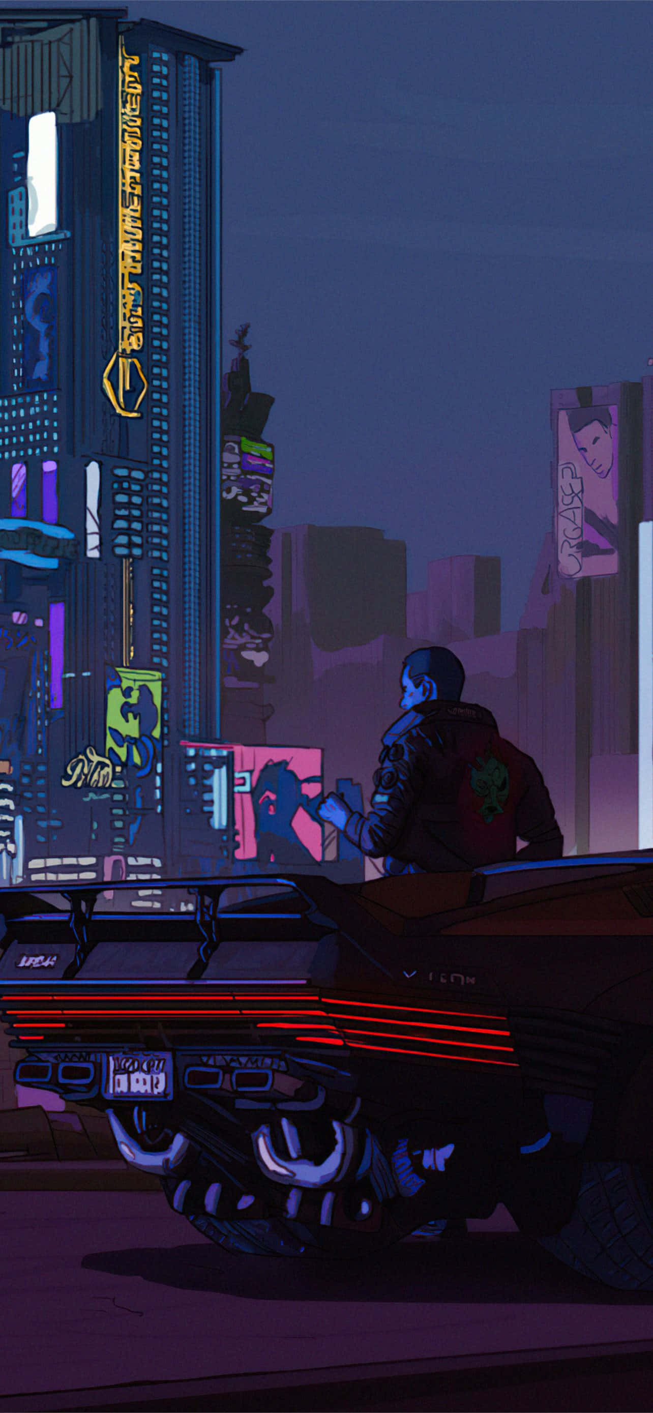 Cyberpunk Aesthetic, neon-lit skyscrapers, futuristic car, 2K Phone Wallpaper