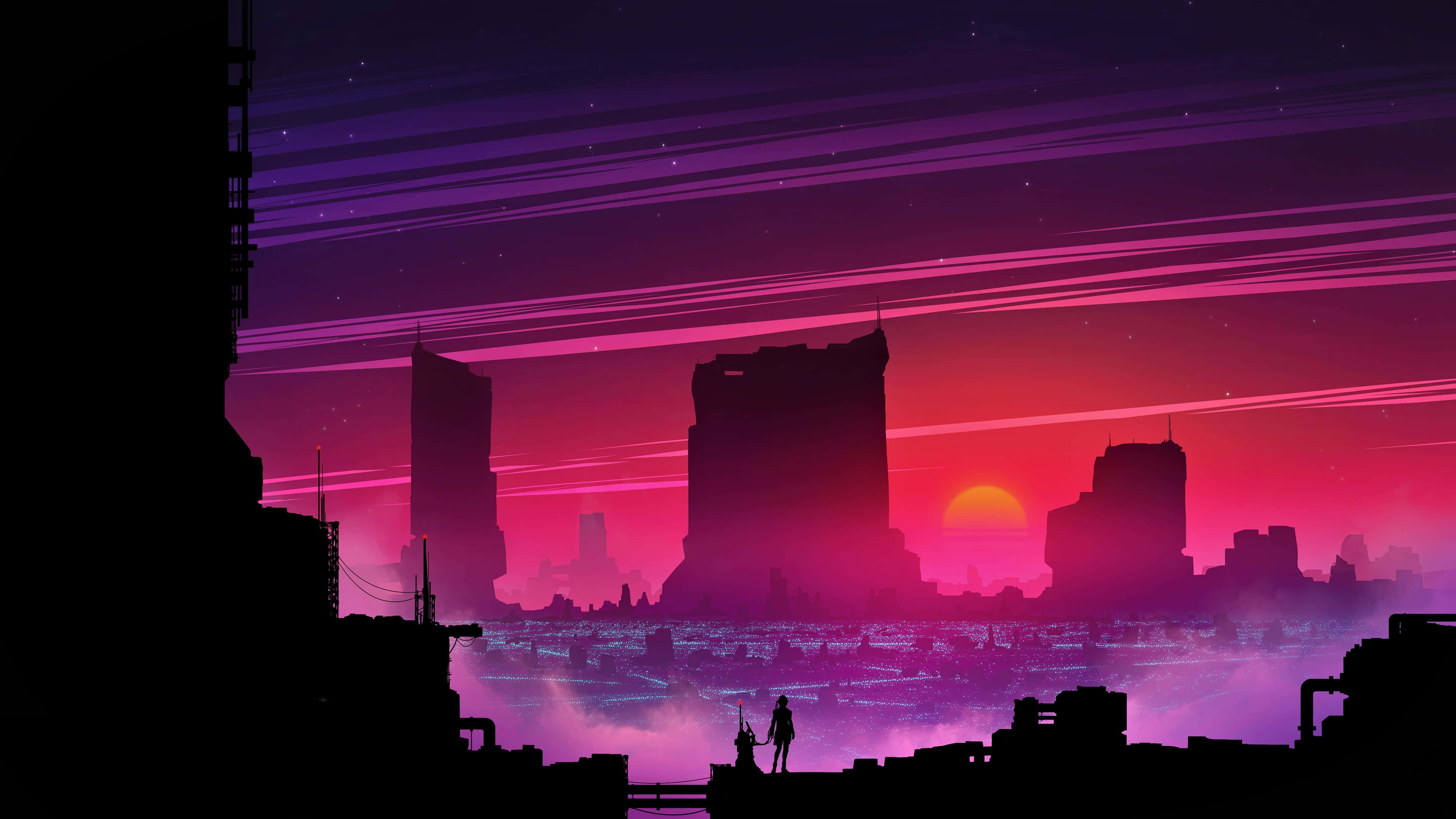 Cyberpunk Aesthetic, vibrant purple and pink sunset sky, glowing light trails, 4K Desktop Wallpaper