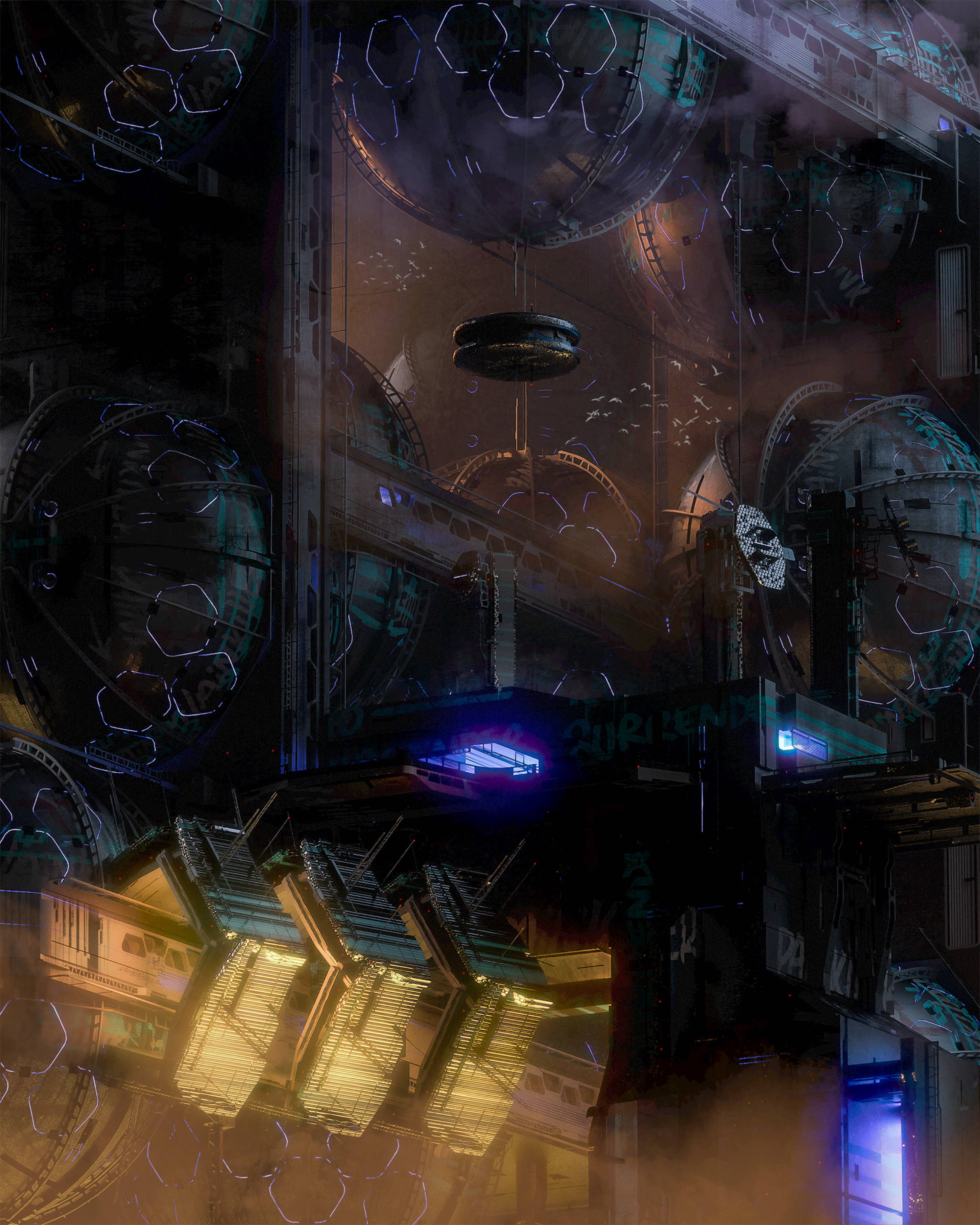 Cyberpunk, futuristic building, glowing hexagonal structures, 2K Phone Wallpaper