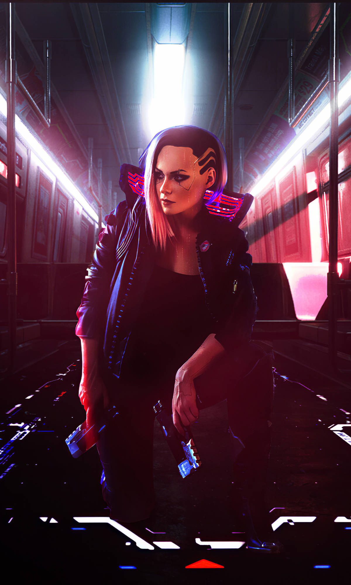 cyberpunk woman, glowing cybernetic enhancements, neon-lit subway tunnel, Full HD Phone Wallpaper