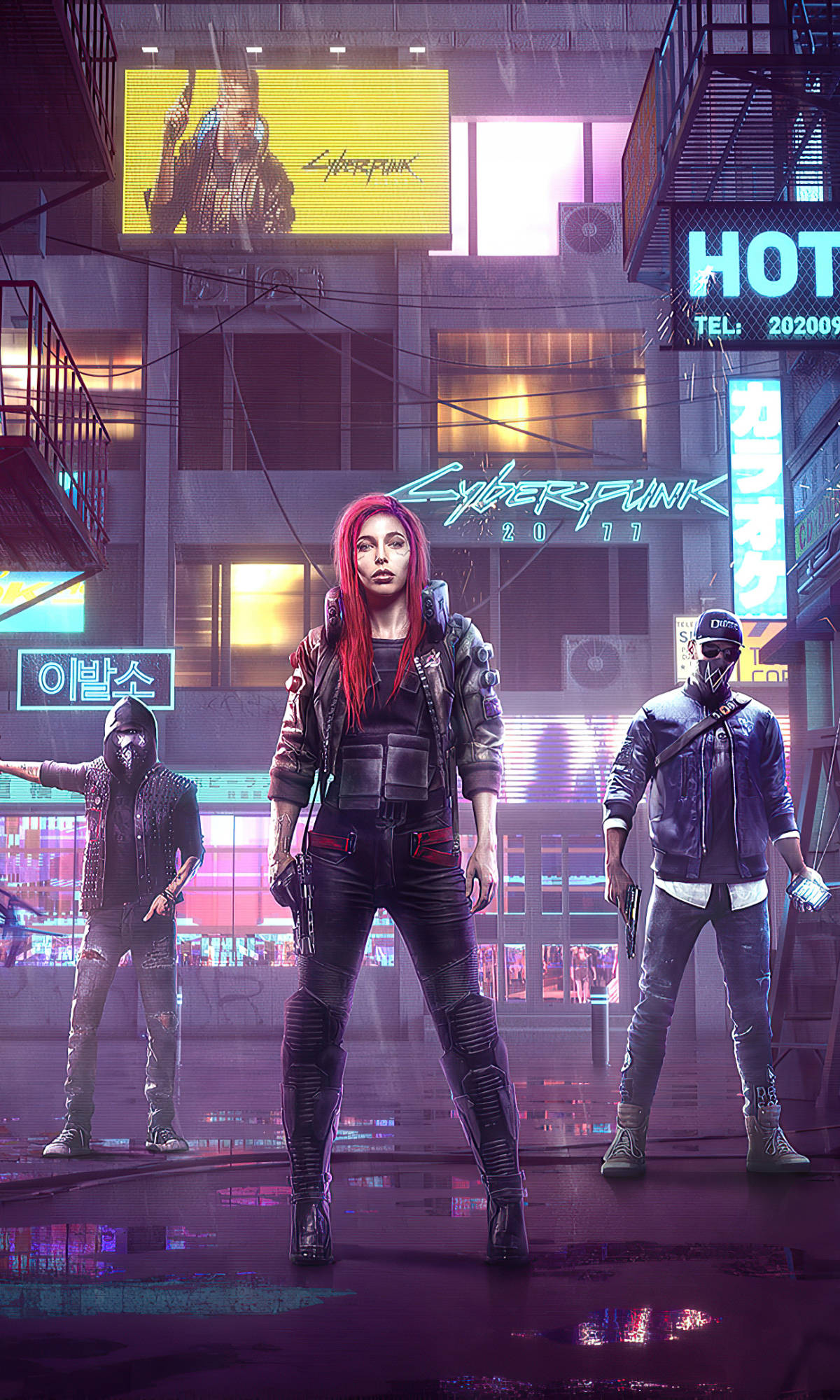 Cyberpunk For Android, neon-drenched, rain-soaked city street, Full HD Phone Wallpaper