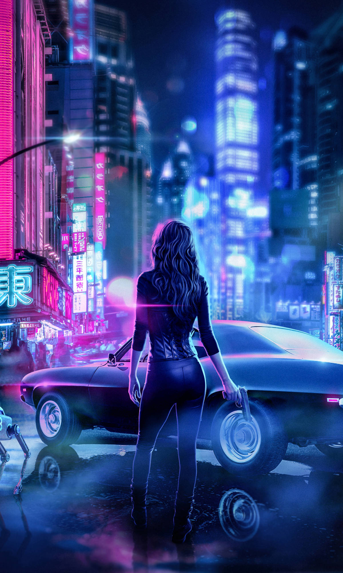 Cyberpunk 2077, leather girl, neon-drenched cyberpunk cityscape, Full HD Phone Wallpaper