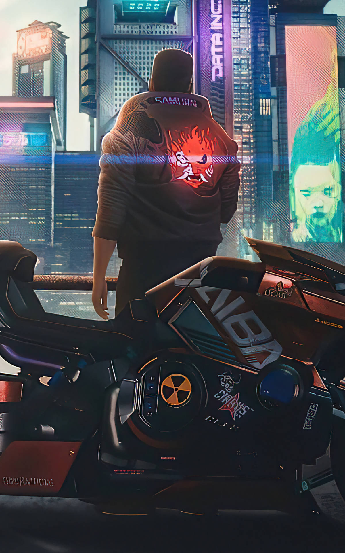 hoodie, futuristic motorcycle, neon-lit cyberpunk cityscape, Full HD Phone Wallpaper