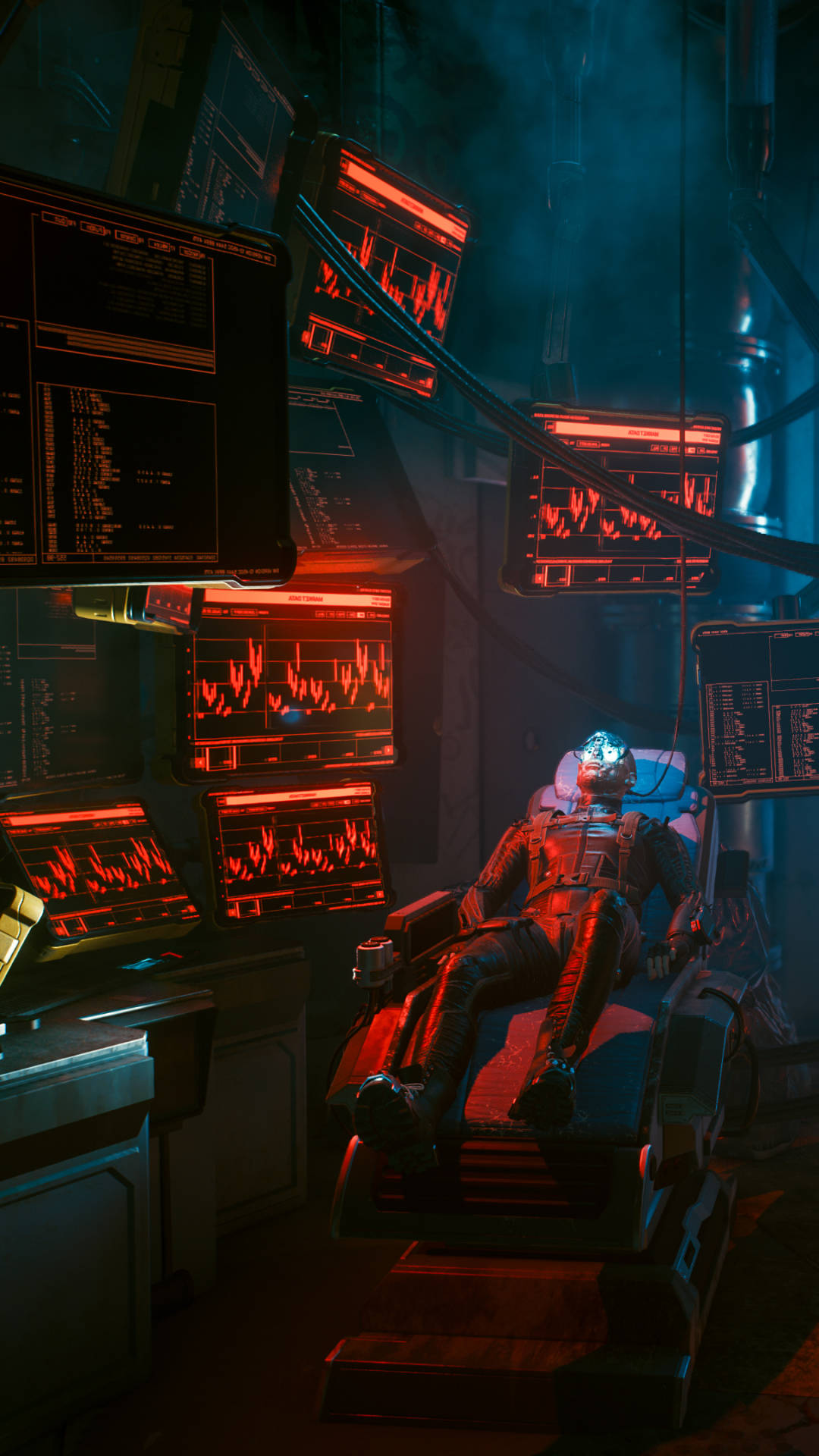 Cyberpunk Android, futuristic medical bed, glowing red data screens, Full HD Phone Wallpaper