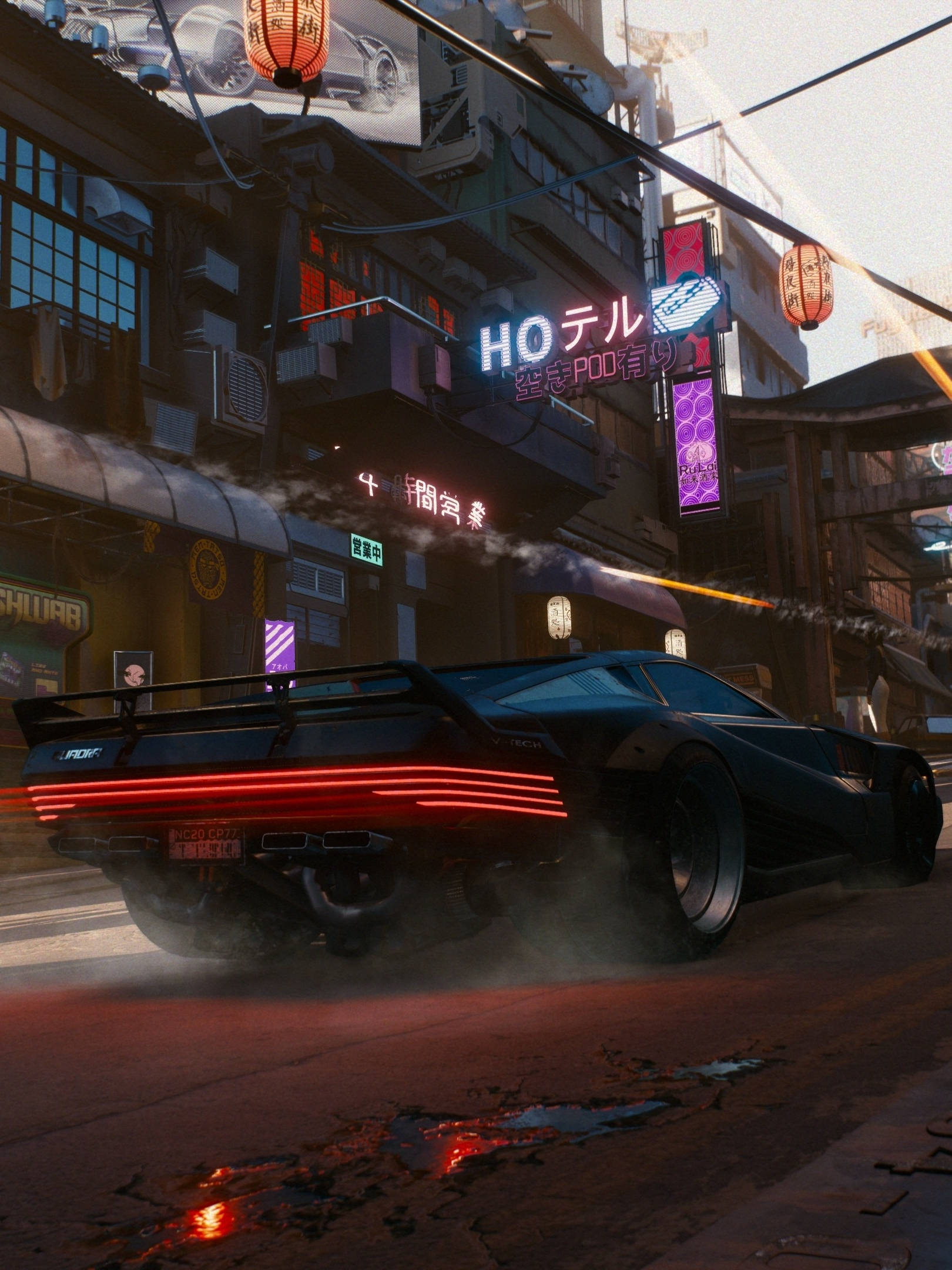 Cyberpunk 2077, sleek black sports car, glowing red taillights, Full HD Phone Wallpaper