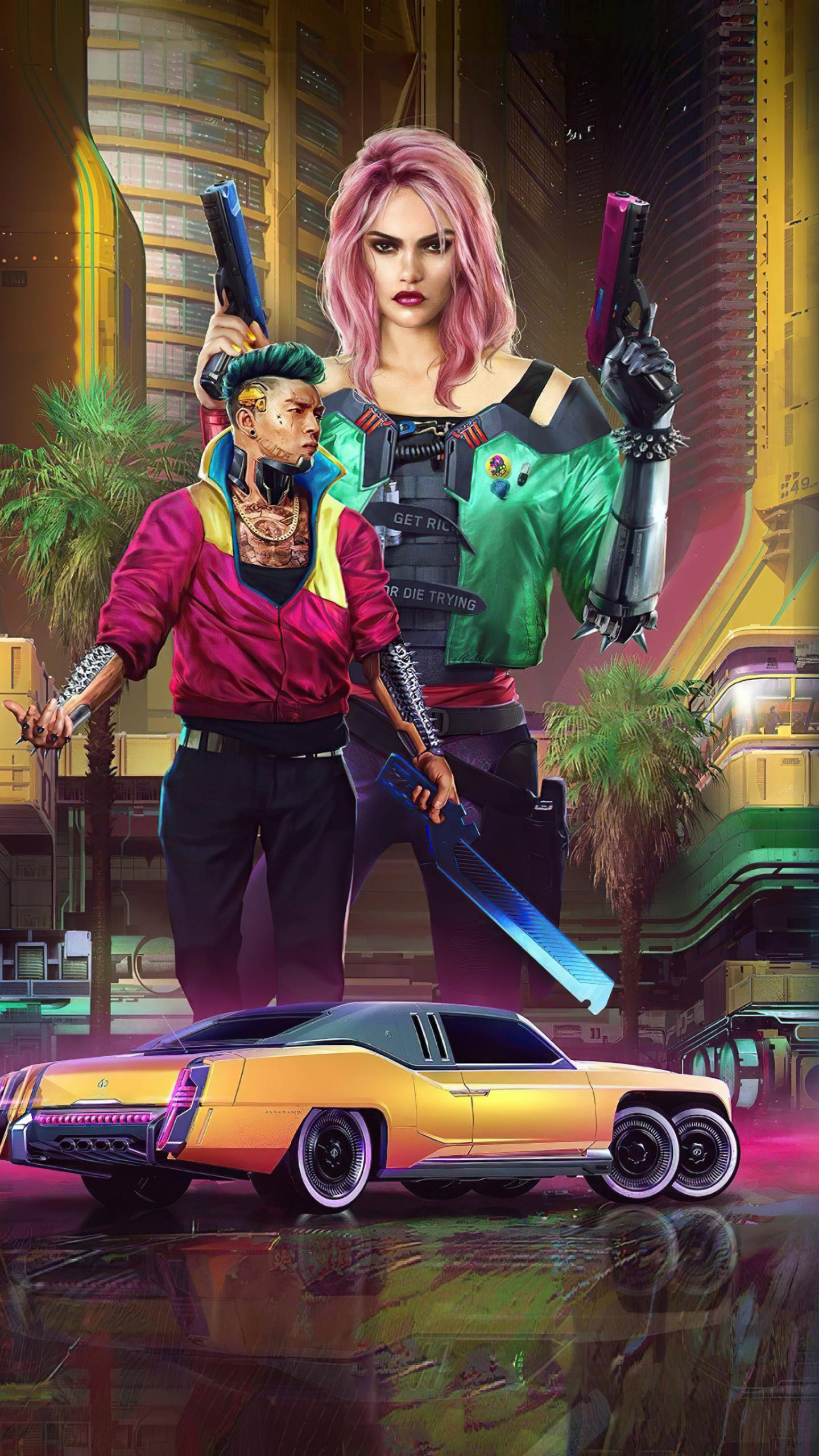 Cyberpunk 2077, bad girls, glowing yellow muscle car, 2K Phone Wallpaper