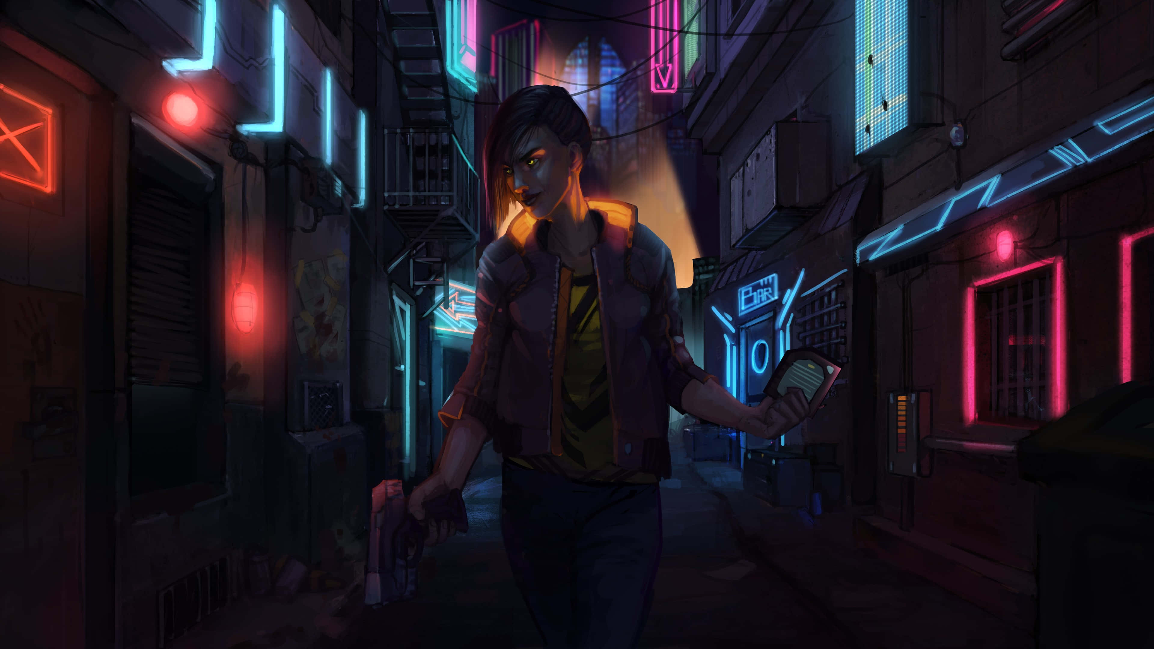Night City, neon-lit alleyway, glowing signs, 4K Desktop Wallpaper