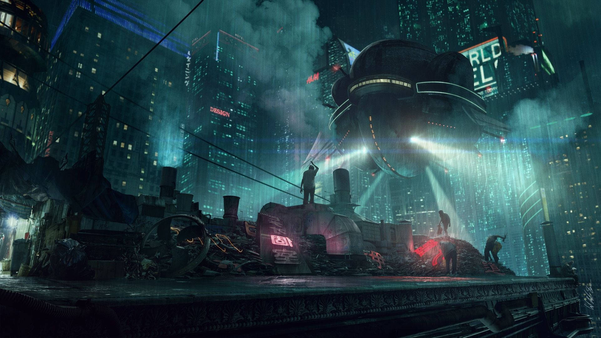 Cyberpunk City, raining, neon, Full HD Desktop Wallpaper