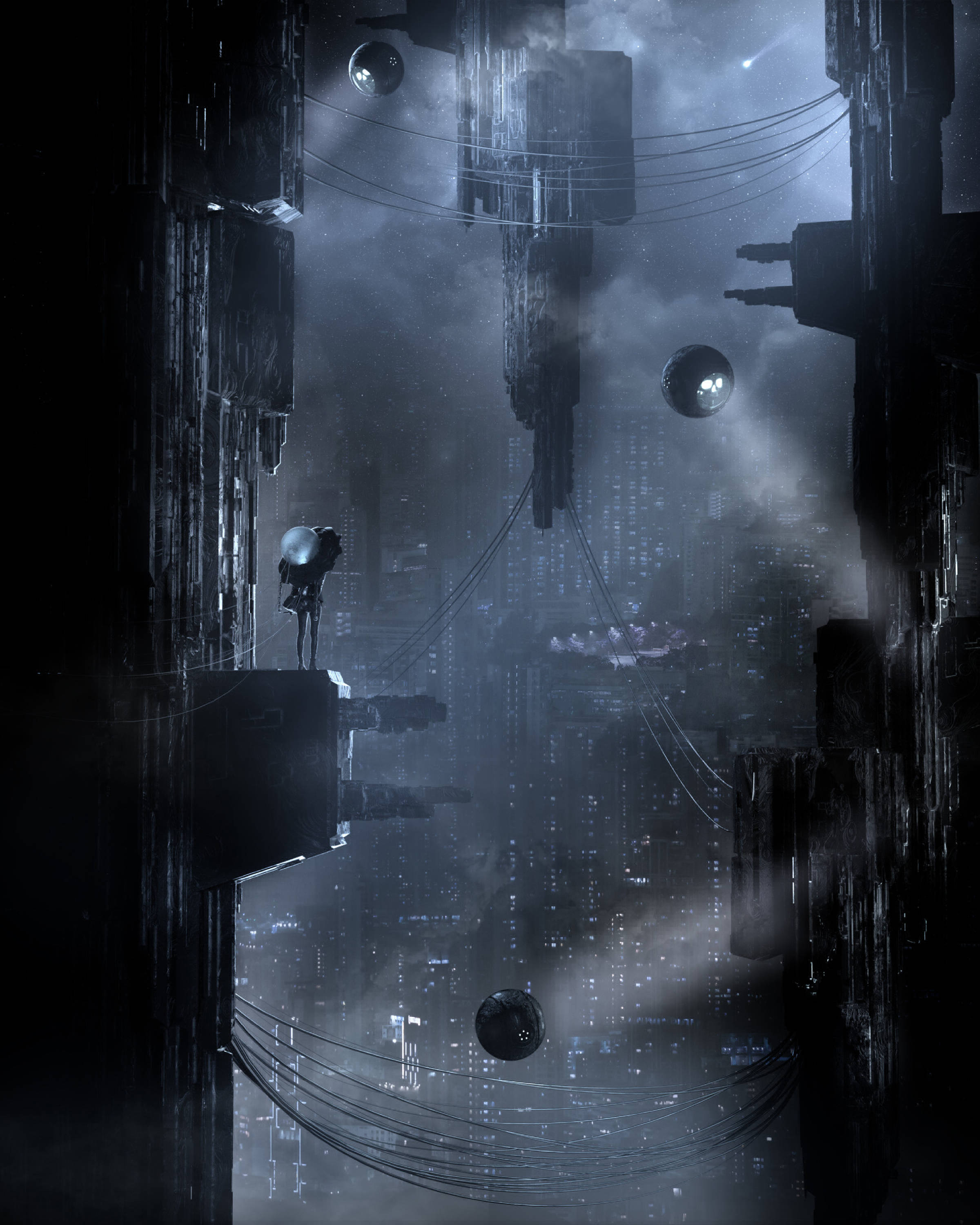 Cyberpunk City, floating platform, towering cyberpunk cityscape, 2K Phone Wallpaper