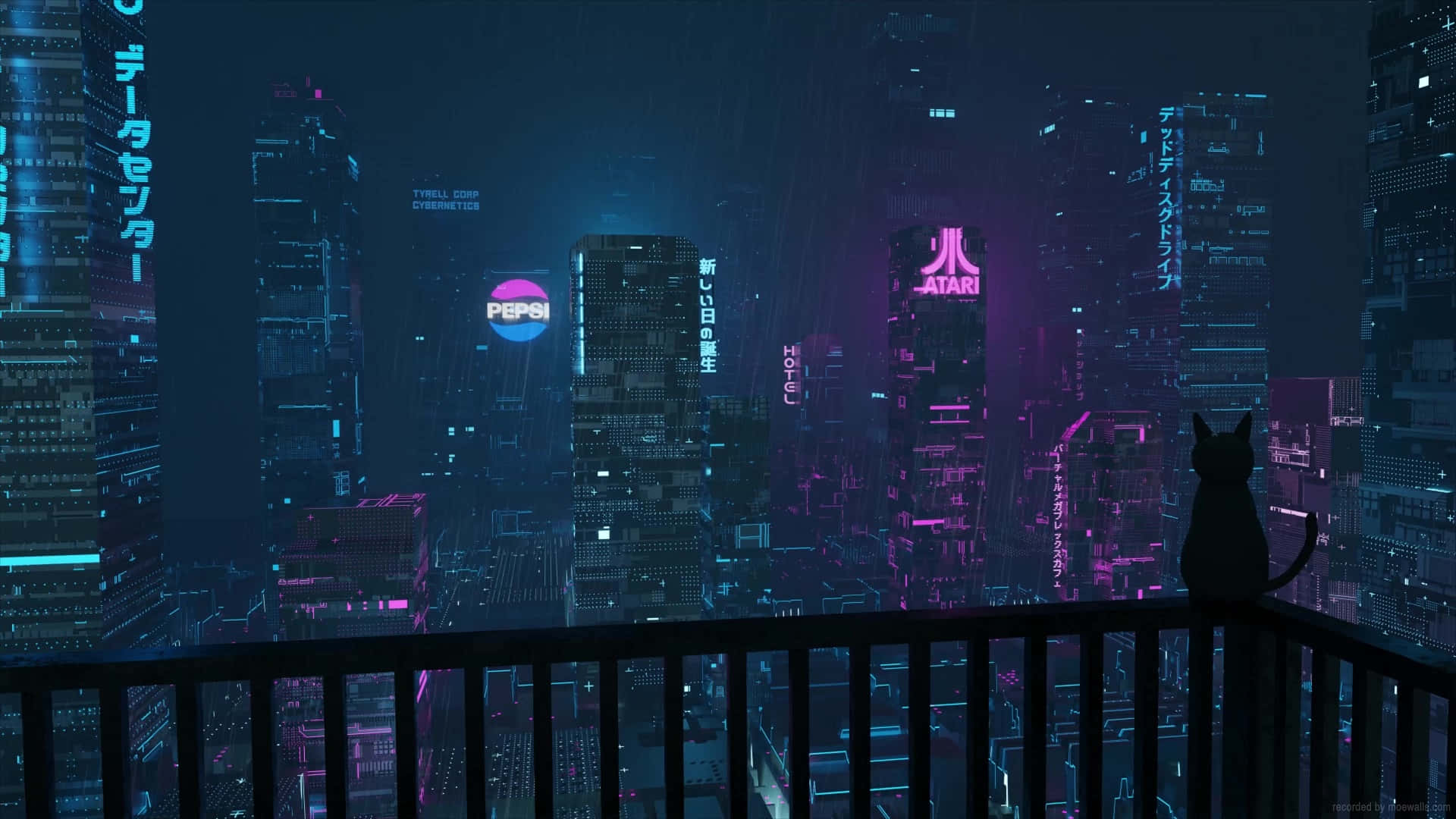 Night City, neon-drenched cyberpunk cityscape, glowing skyscrapers, Full HD Desktop Wallpaper