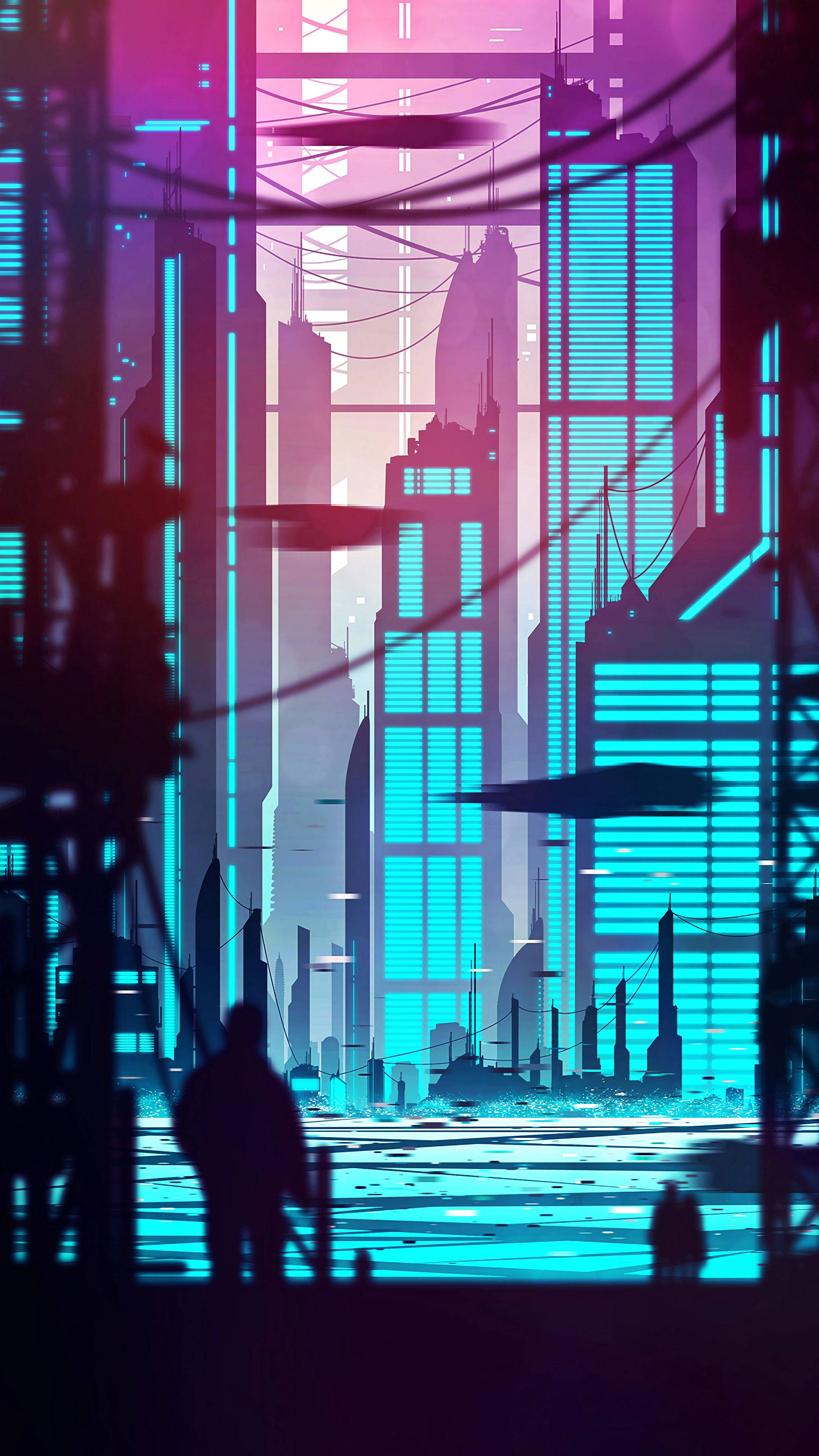 Cyberpunk City, cyan building, neon-drenched, 4K Phone Wallpaper