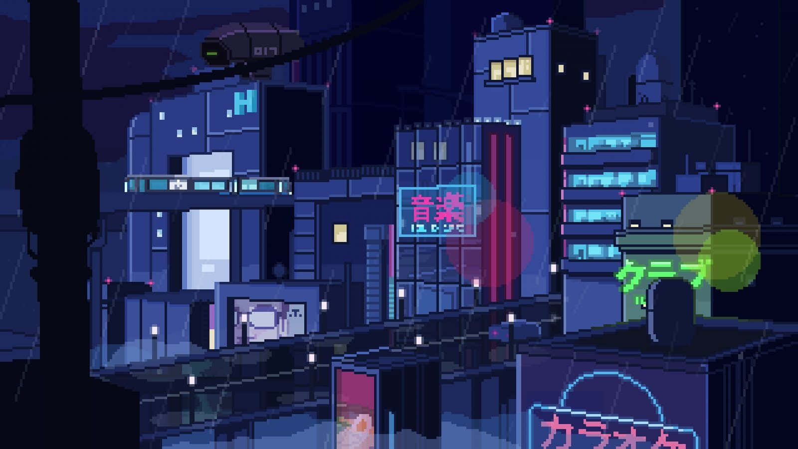 Cyberpunk Night Building Tops, pixel-art cityscape, neon signs, HD Desktop Wallpaper