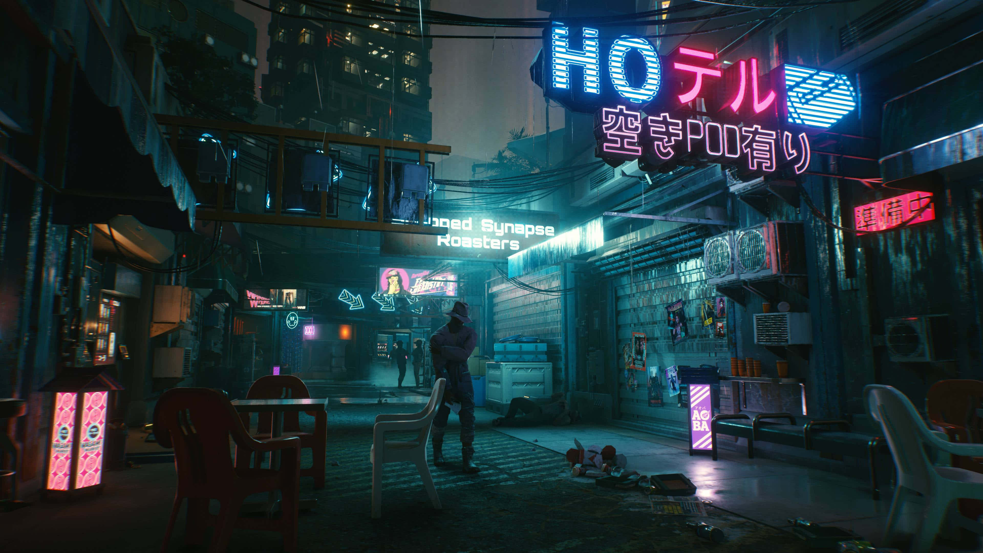 Cyberpunk Night City, neon-lit cyberpunk alleyway, glowing signs, 4K Desktop Wallpaper