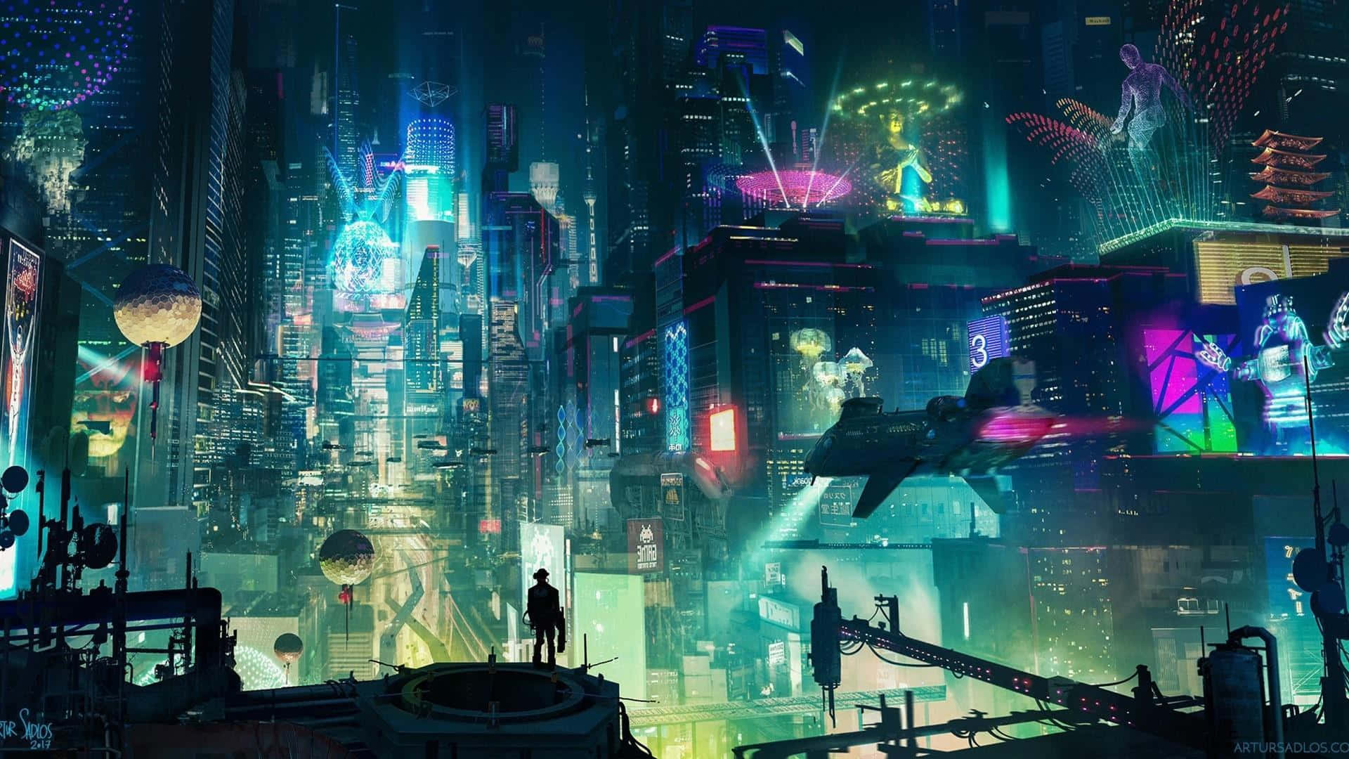 Cyberpunk Night City, neon-drenched, flying vehicles, Full HD Desktop Wallpaper