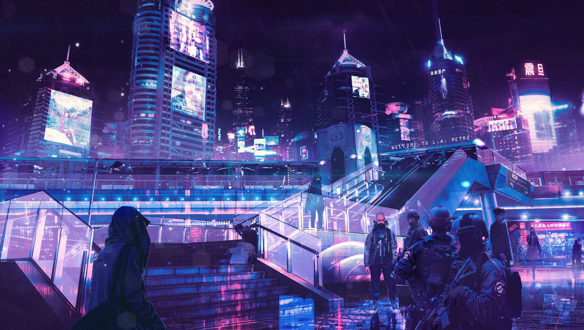 Cyberpunk Pink And Purple Neon City, neon-drenched cyberpunk cityscape, towering skyscrapers, Full HD Desktop Wallpaper