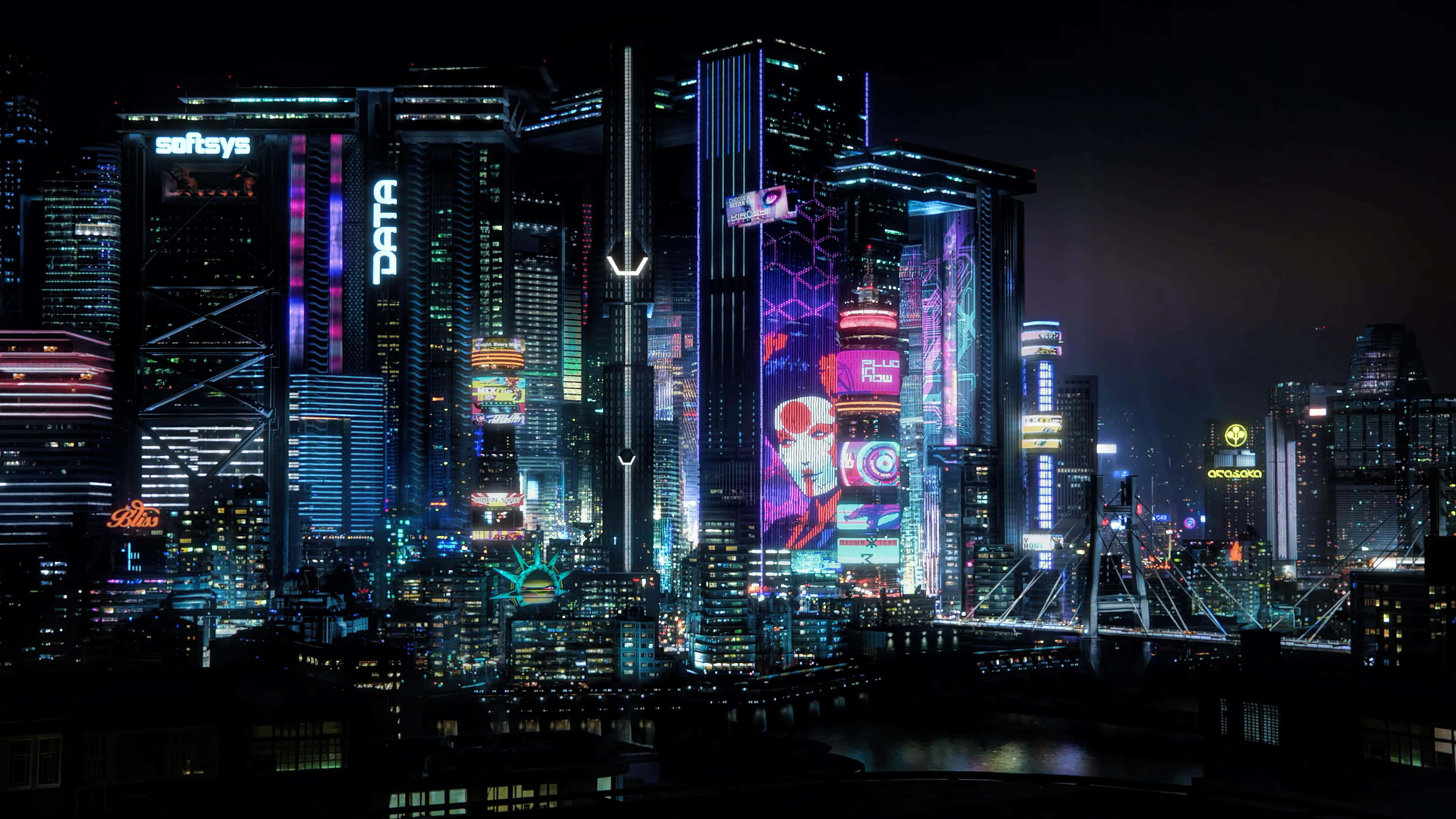 Cyberpunk Night City, neon lights, night sky, 4K Desktop Wallpaper