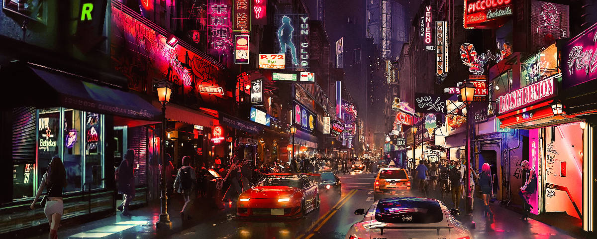 Cyberpunk City, neon-lit city street, night, SD Desktop Wallpaper