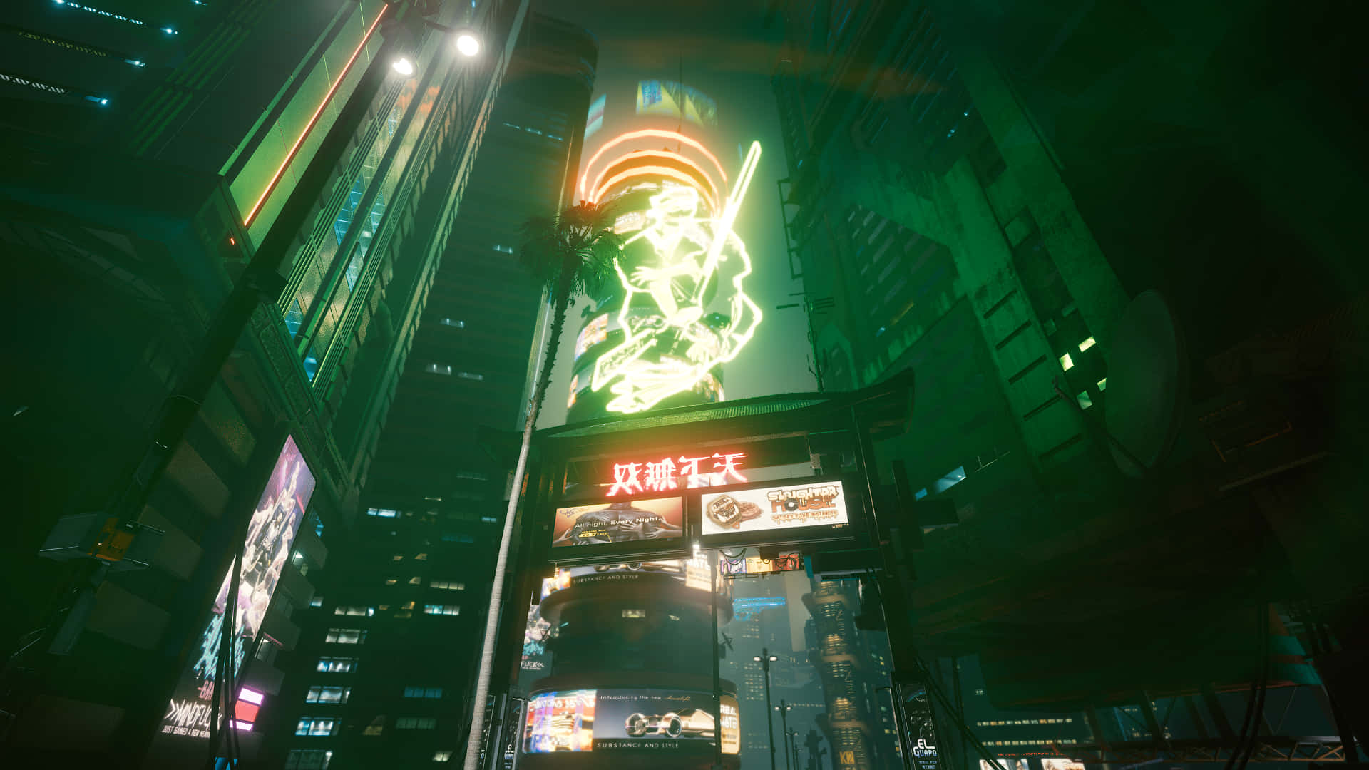 Cyberpunk Night City, neon-lit, towering skyscrapers, Full HD Desktop Wallpaper