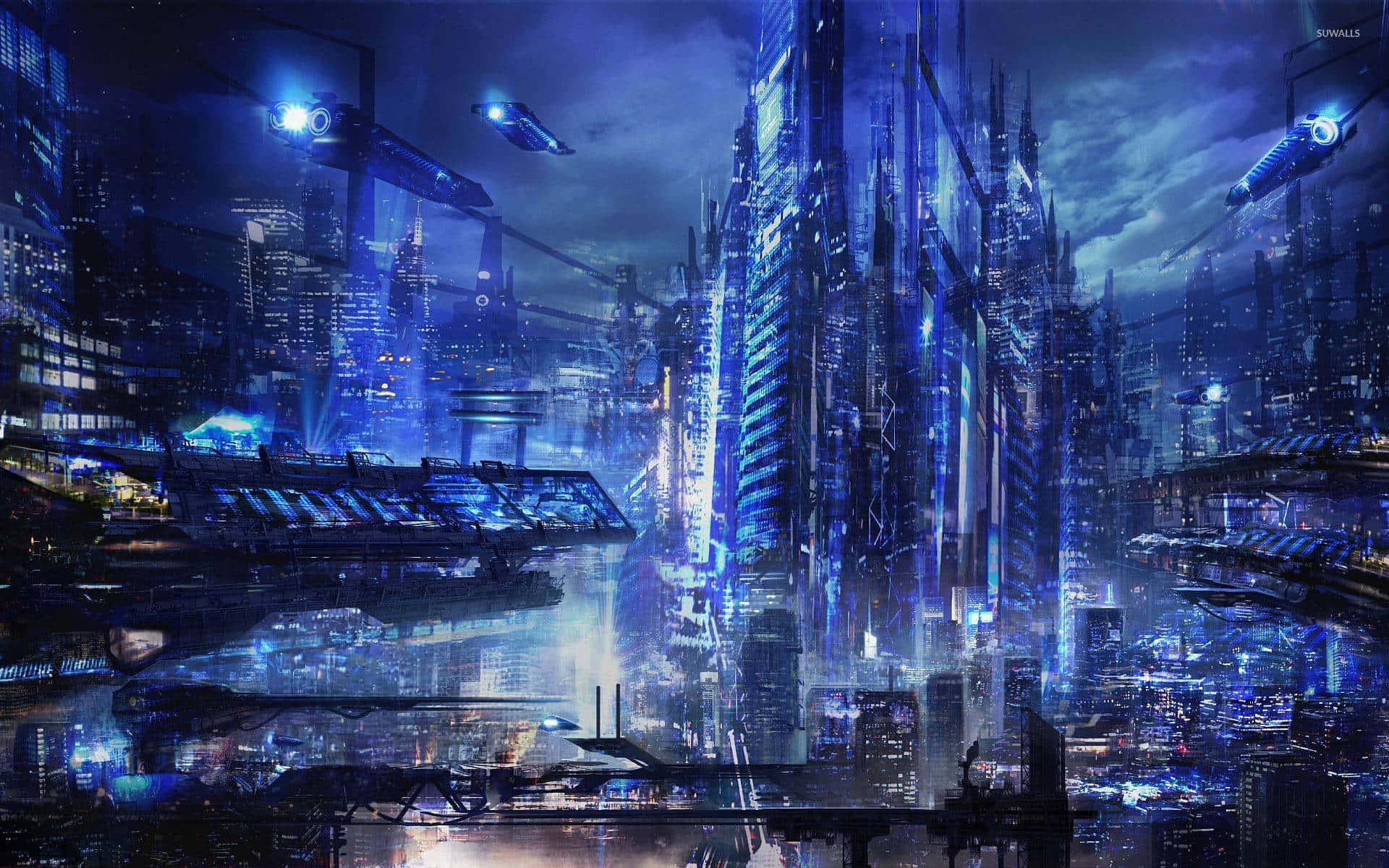 Night City, blue, flying vehicles, Full HD Desktop Wallpaper