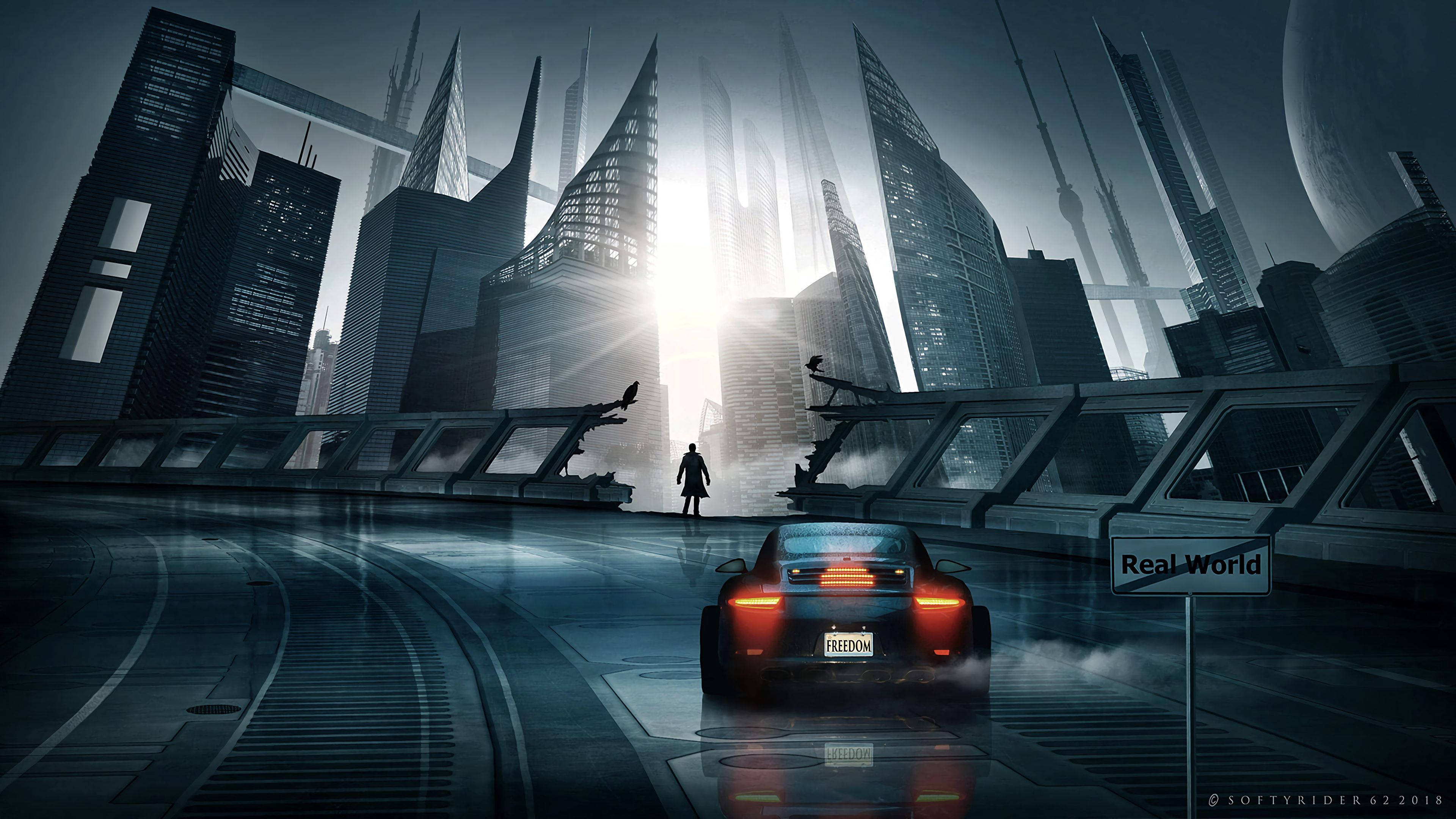 Cyberpunk City, sports car, wet bridge, 4K Desktop Wallpaper