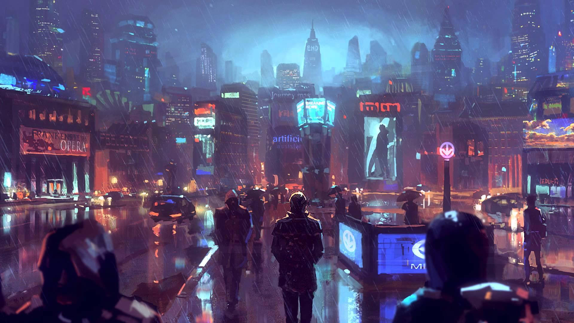 Cyberpunk, 1920x1080, Night Raining City, Full HD Desktop Wallpaper