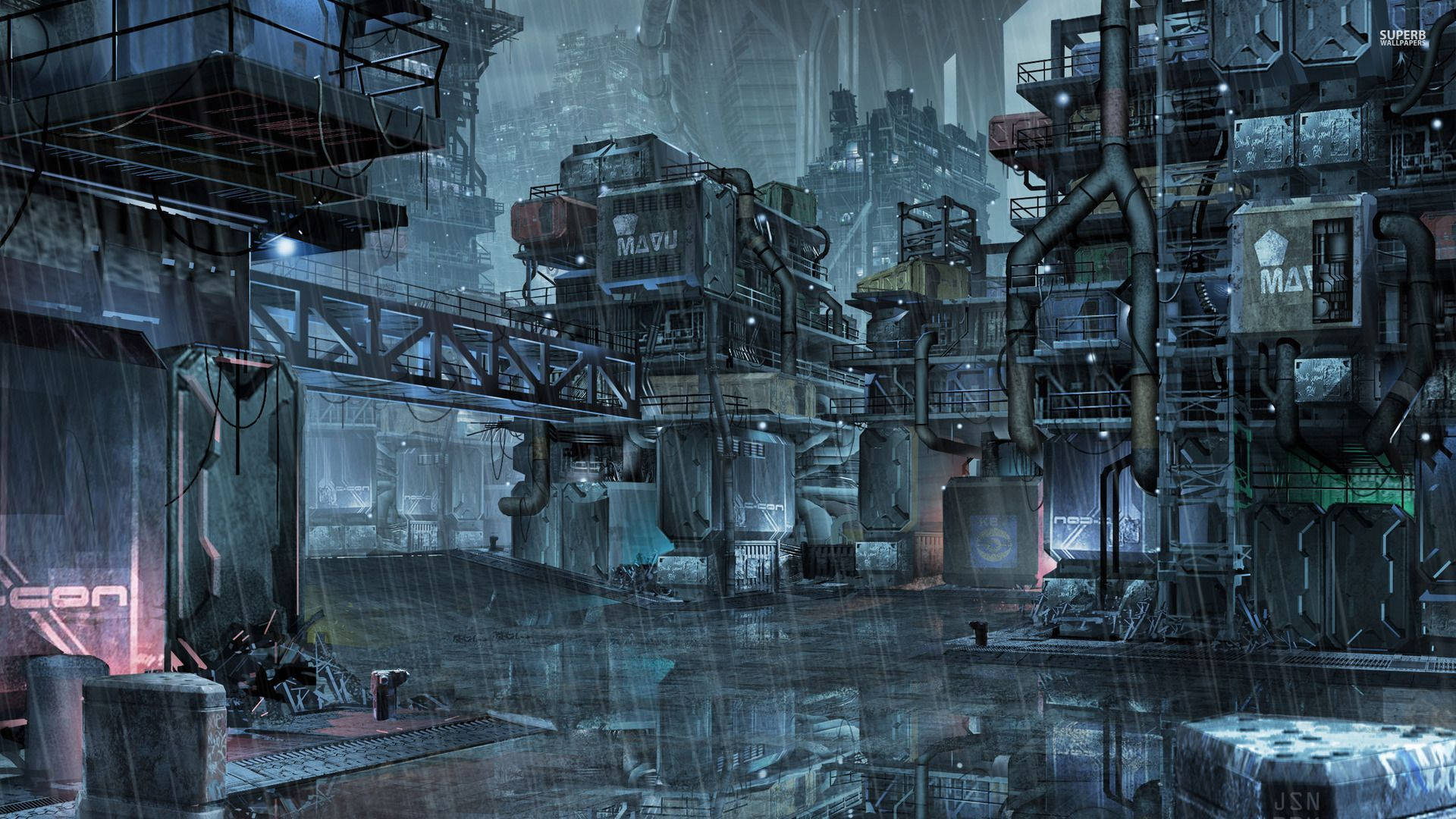 Cyberpunk City, slums, rain, Full HD Desktop Wallpaper