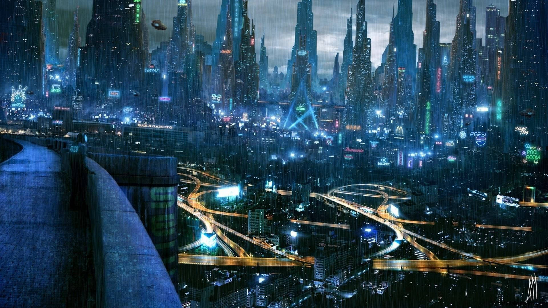 Cyberpunk City, night, rain-slicked, Full HD Desktop Wallpaper