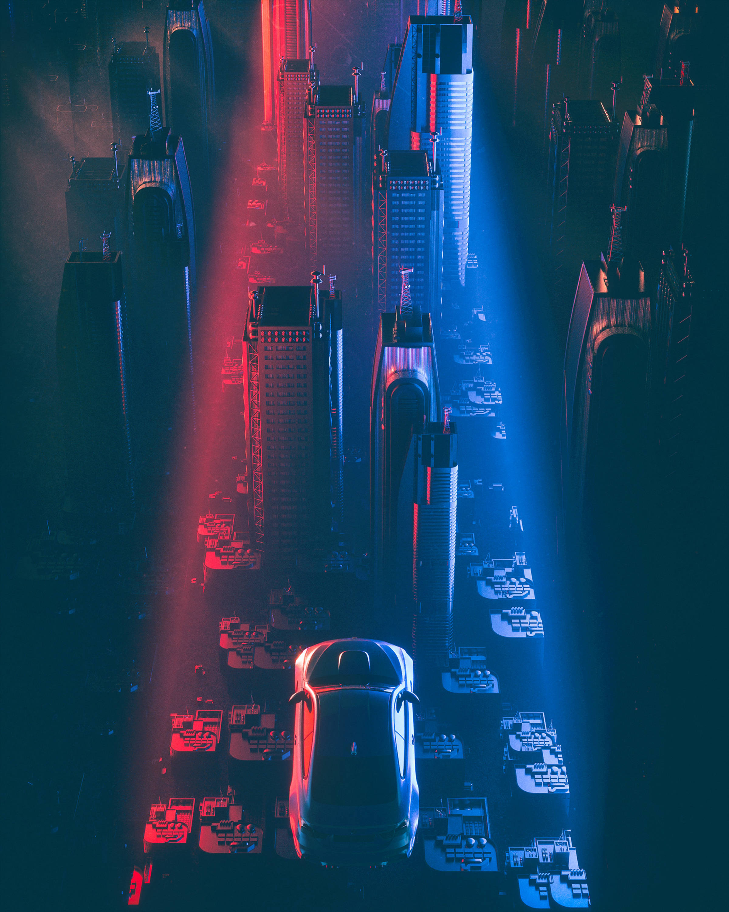 Cyberpunk City, red and blue, neon-drenched, 2K Phone Wallpaper