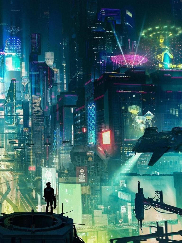Cyberpunk Busy City, rooftop, neon-drenched cyberpunk cityscape, SD Phone Wallpaper