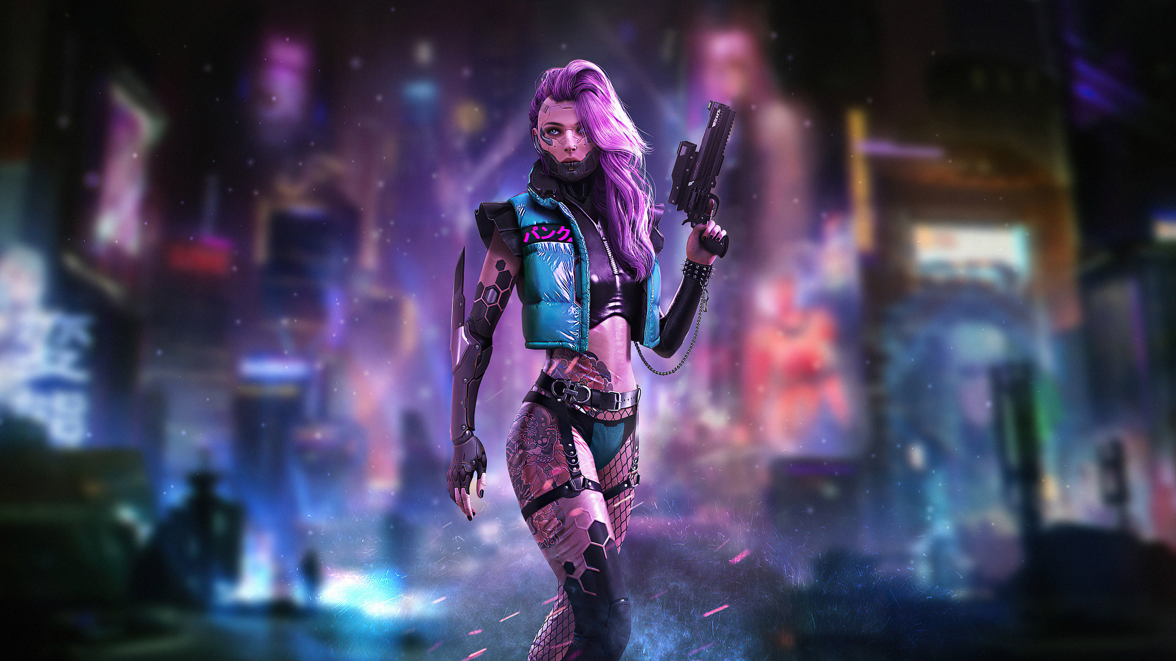 Cyberpunk HD Tattoo, purple hair, futuristic gear, 4K Desktop Wallpaper