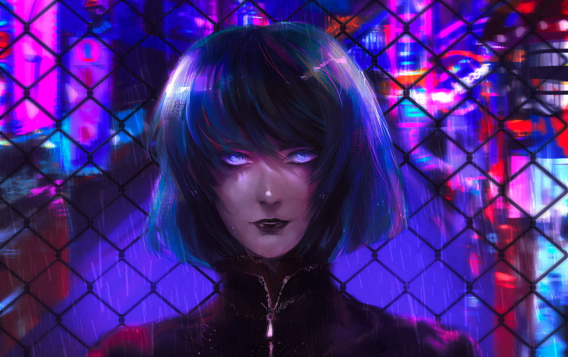Cyberpunk Desktop, glowing eyes, rain-slicked chain-link fence, Full HD Desktop Wallpaper