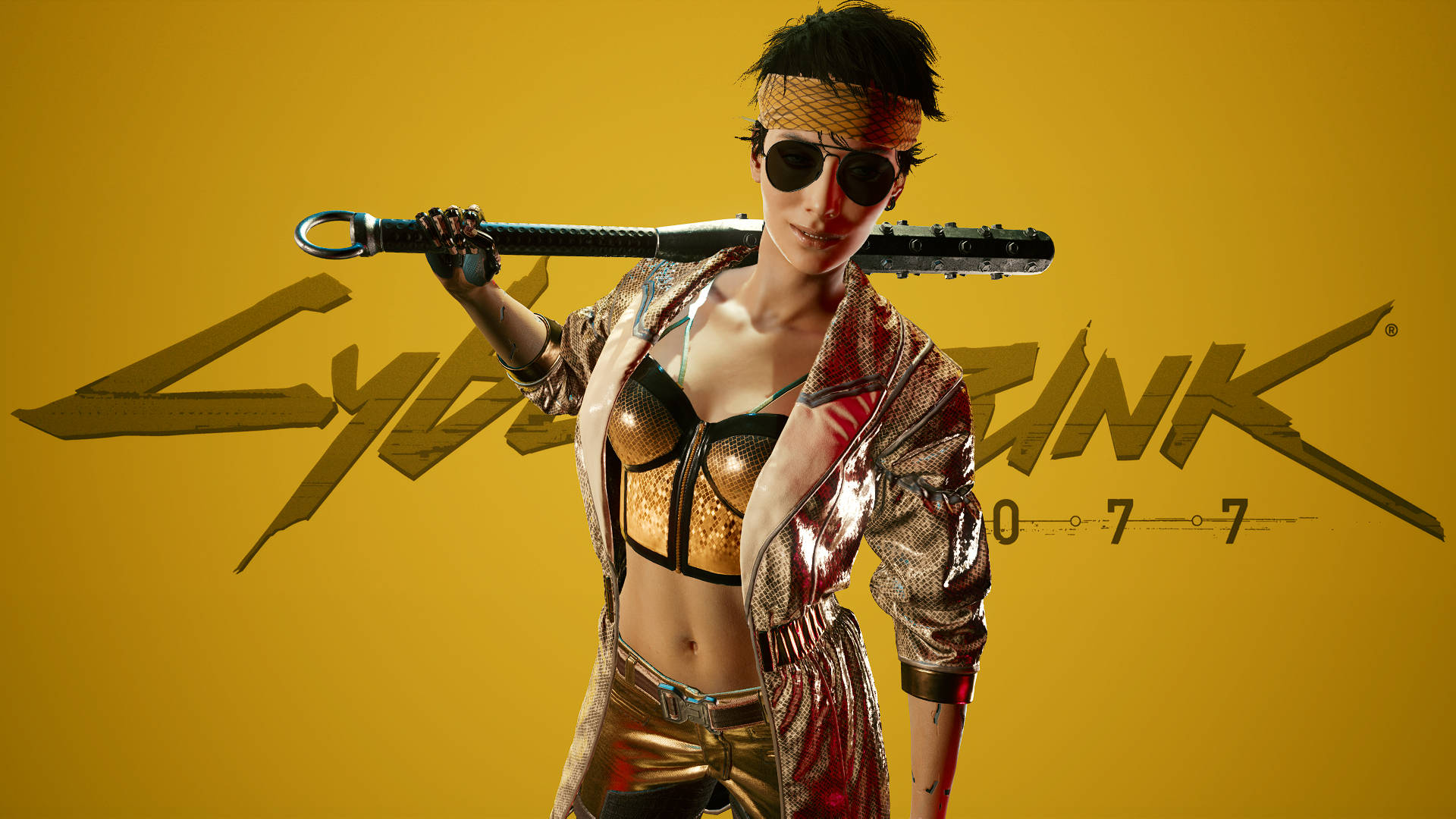 Cyberpunk 2077, black haired girl, gold metallic outfit, Full HD Desktop Wallpaper