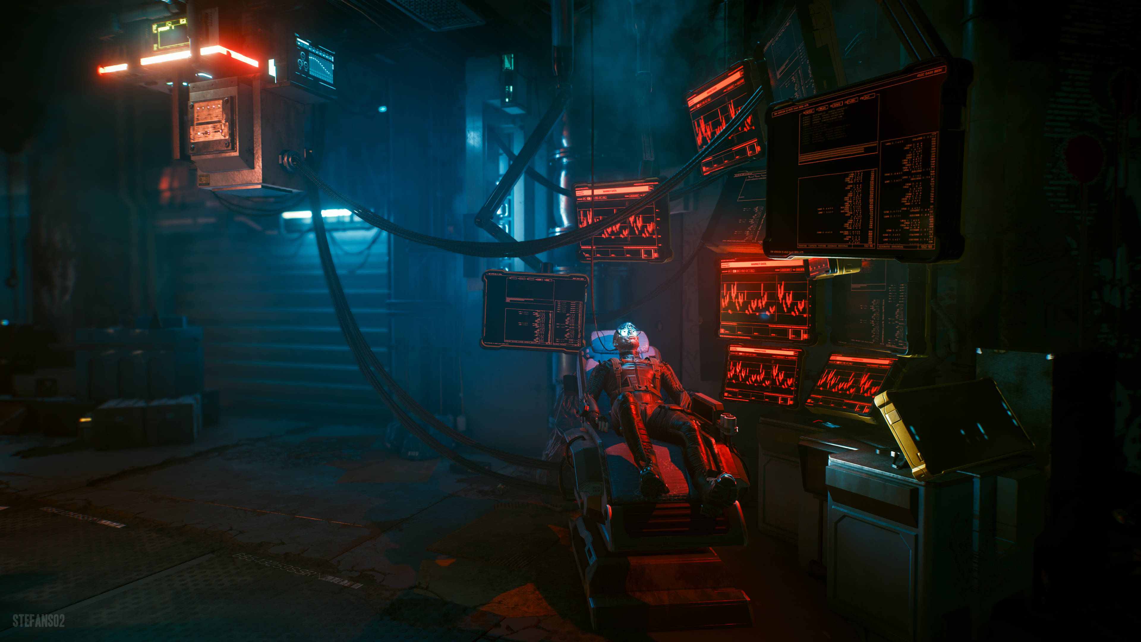 red suit, glowing red monitors, futuristic chair, 4K Desktop Wallpaper