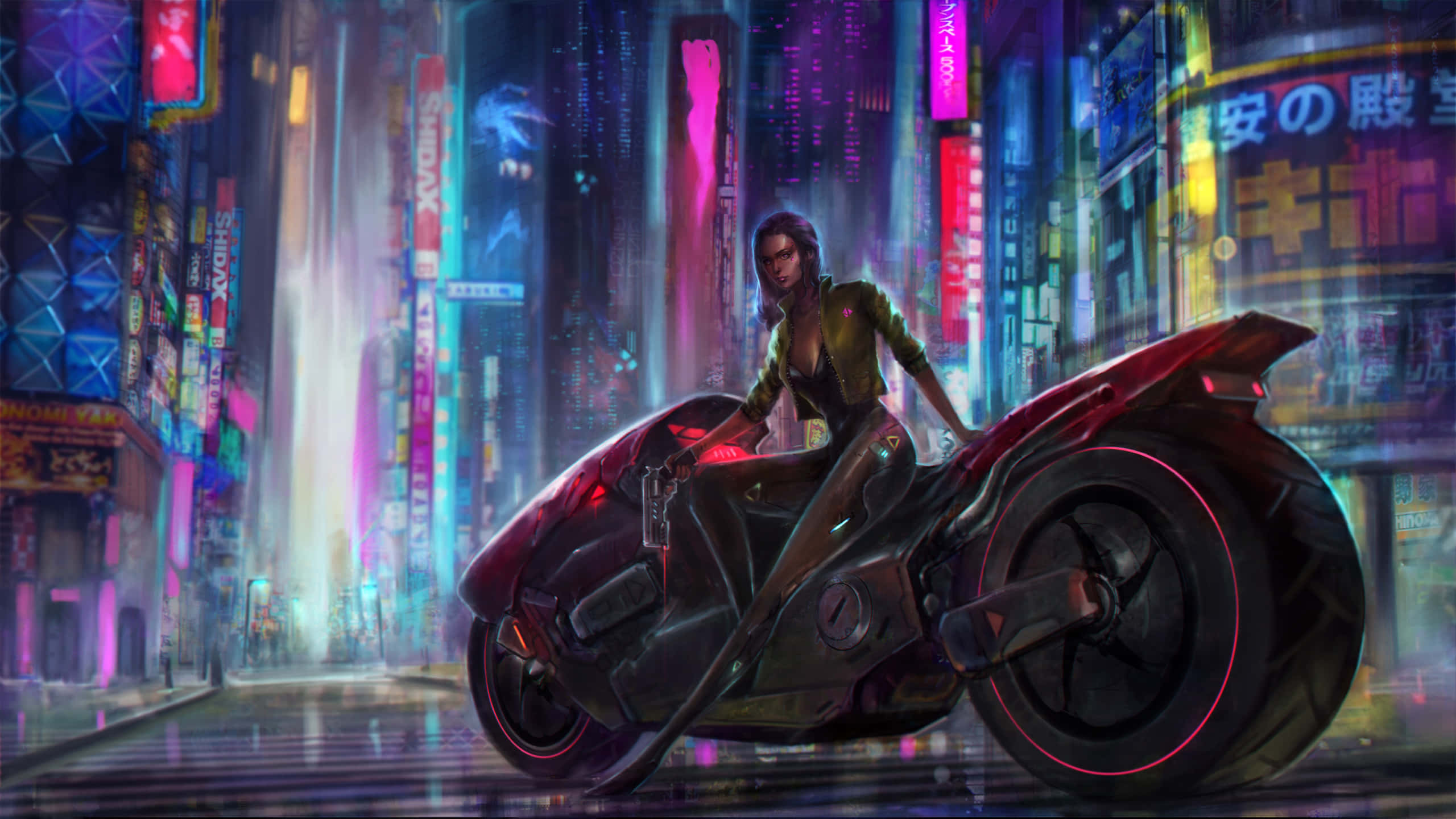 2560x1440, cyberpunk, glowing red motorcycle, 2K Desktop Wallpaper