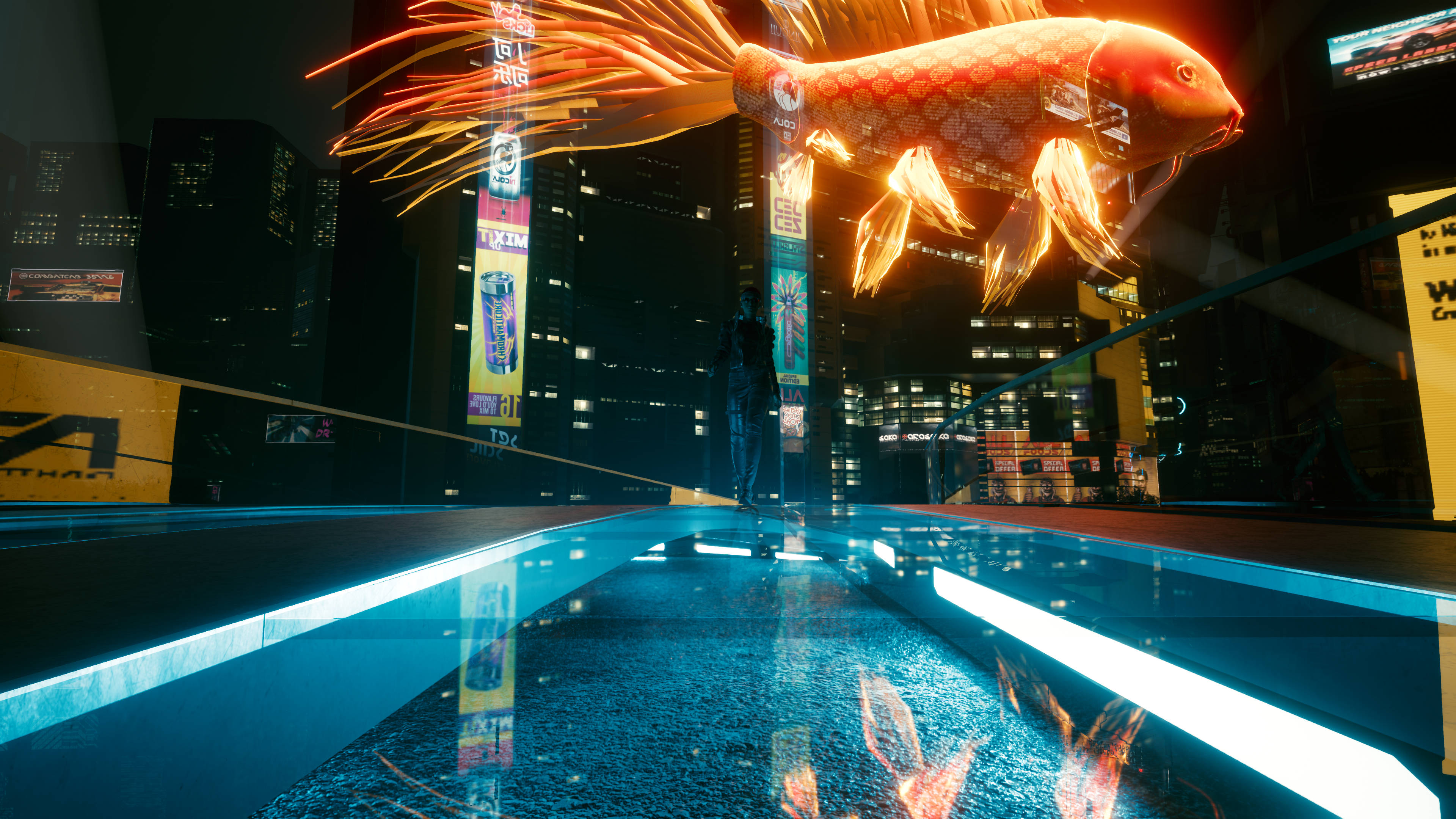 Cyberpunk Desktop, glowing orange koi fish, neon-lit urban rooftop pool, 4K Desktop Wallpaper