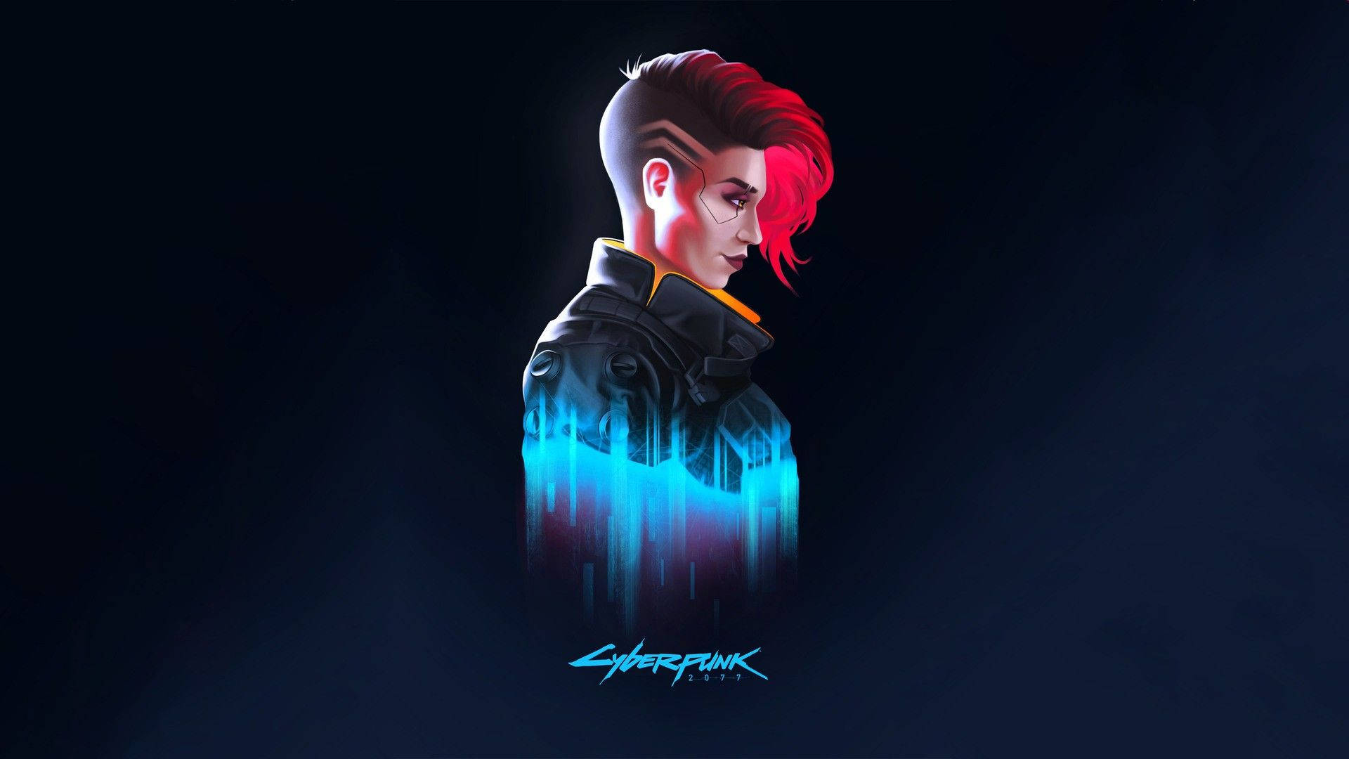 Cyberpunk 2077, red hair, glowing blue cybernetic torso, Full HD Desktop Wallpaper