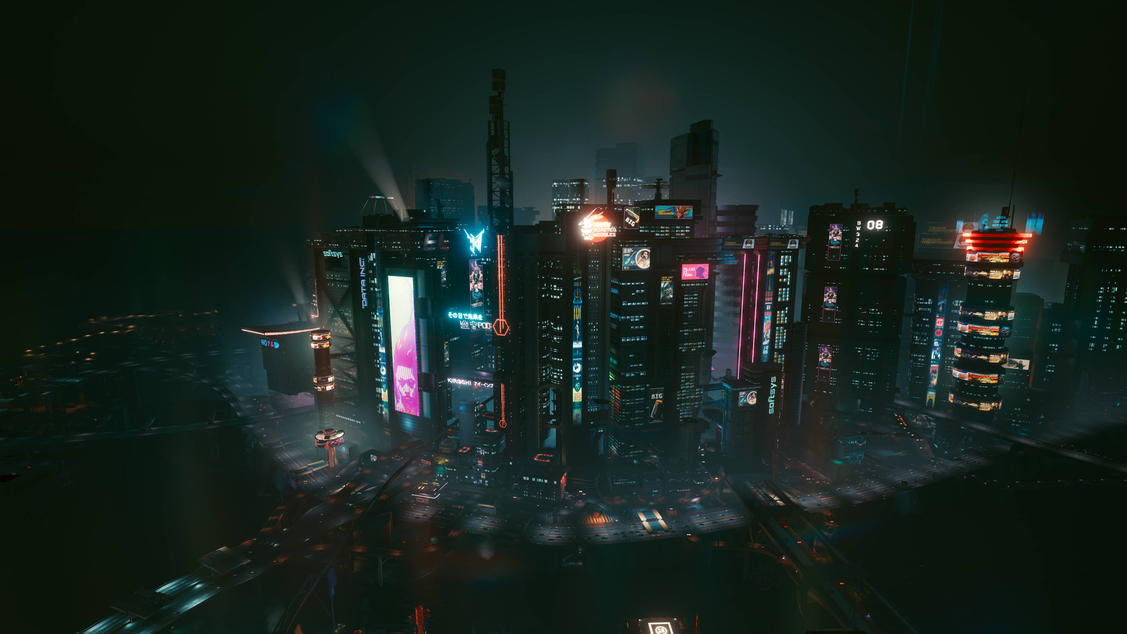 cyberpunk cityscape, night, towering skyscrapers, 4K Desktop Wallpaper