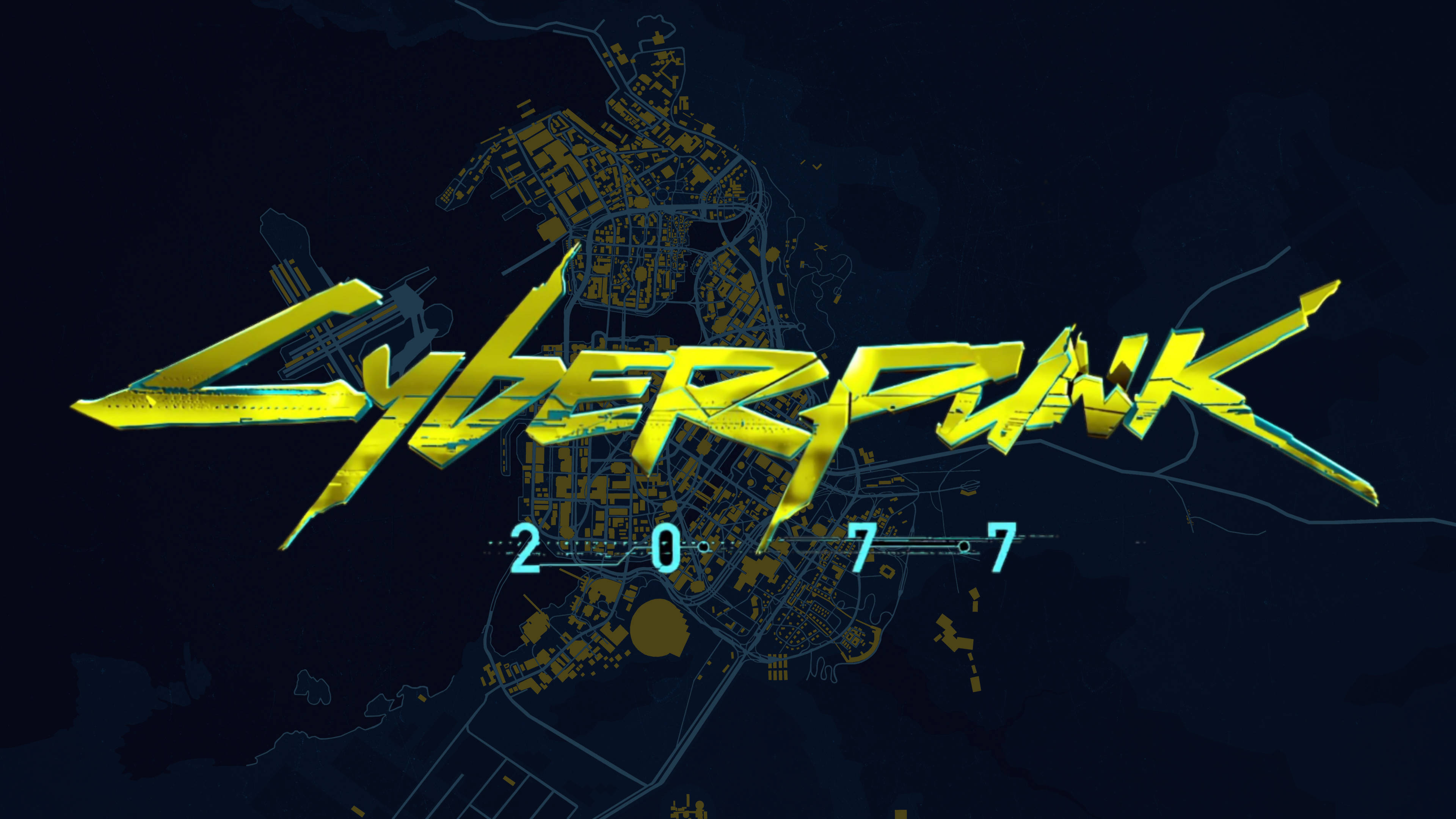 Cyberpunk Desktop, neon yellow, glowing city map, 4K Desktop Wallpaper