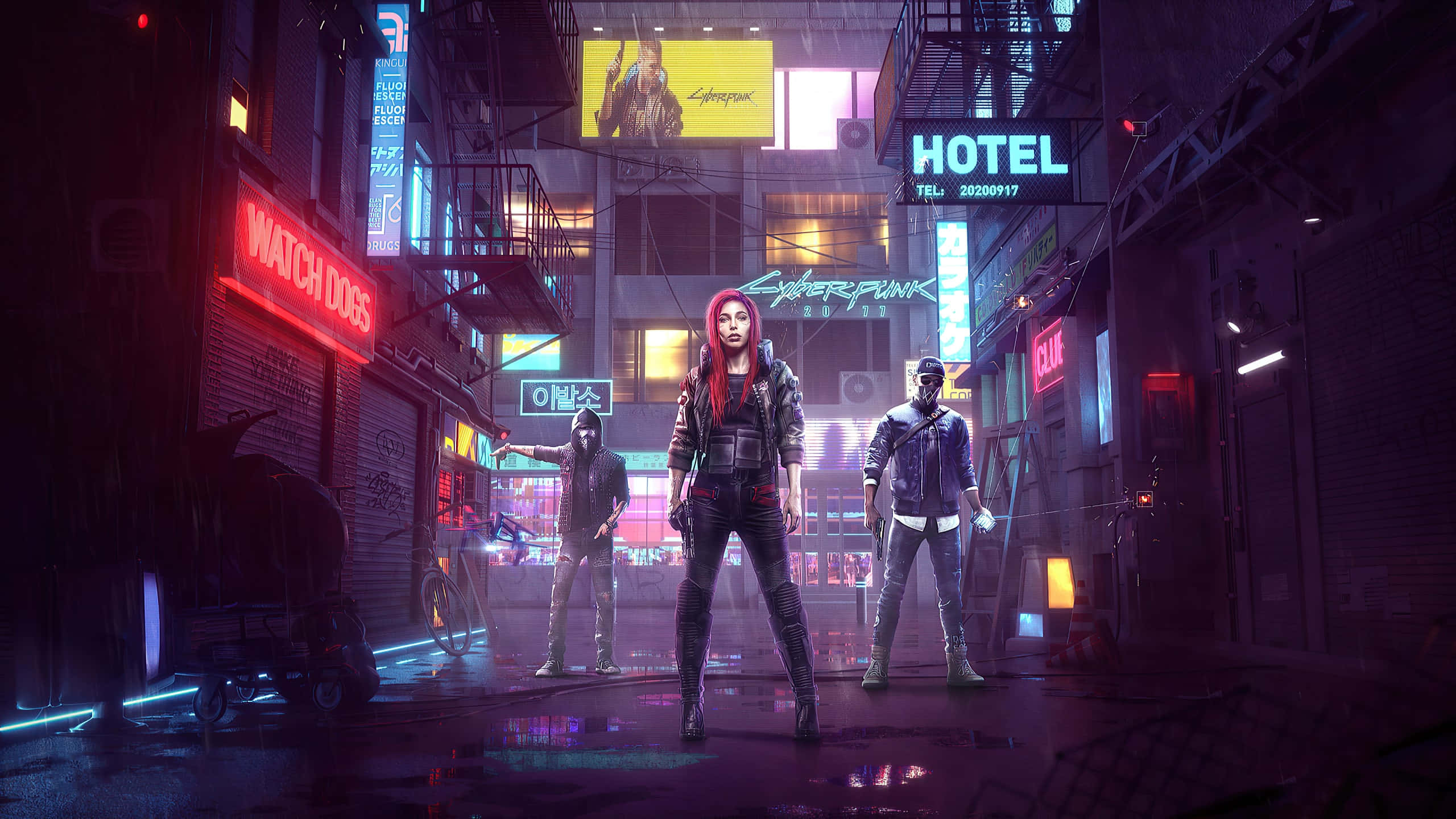 2560x1440, cyberpunk, neon-lit rain-soaked alleyway, 2K Desktop Wallpaper