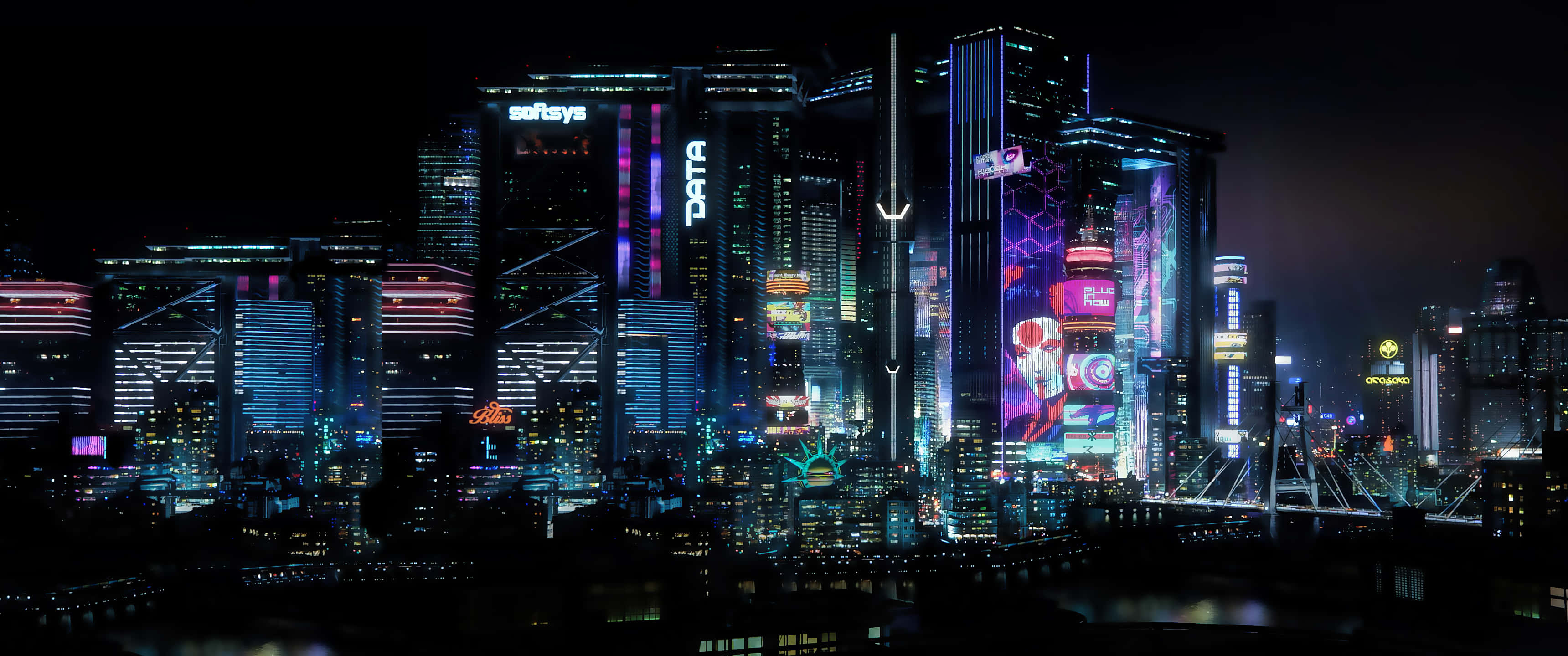 Cyberpunk, 3440x1440, neon-lit cityscape, 2K Desktop Wallpaper