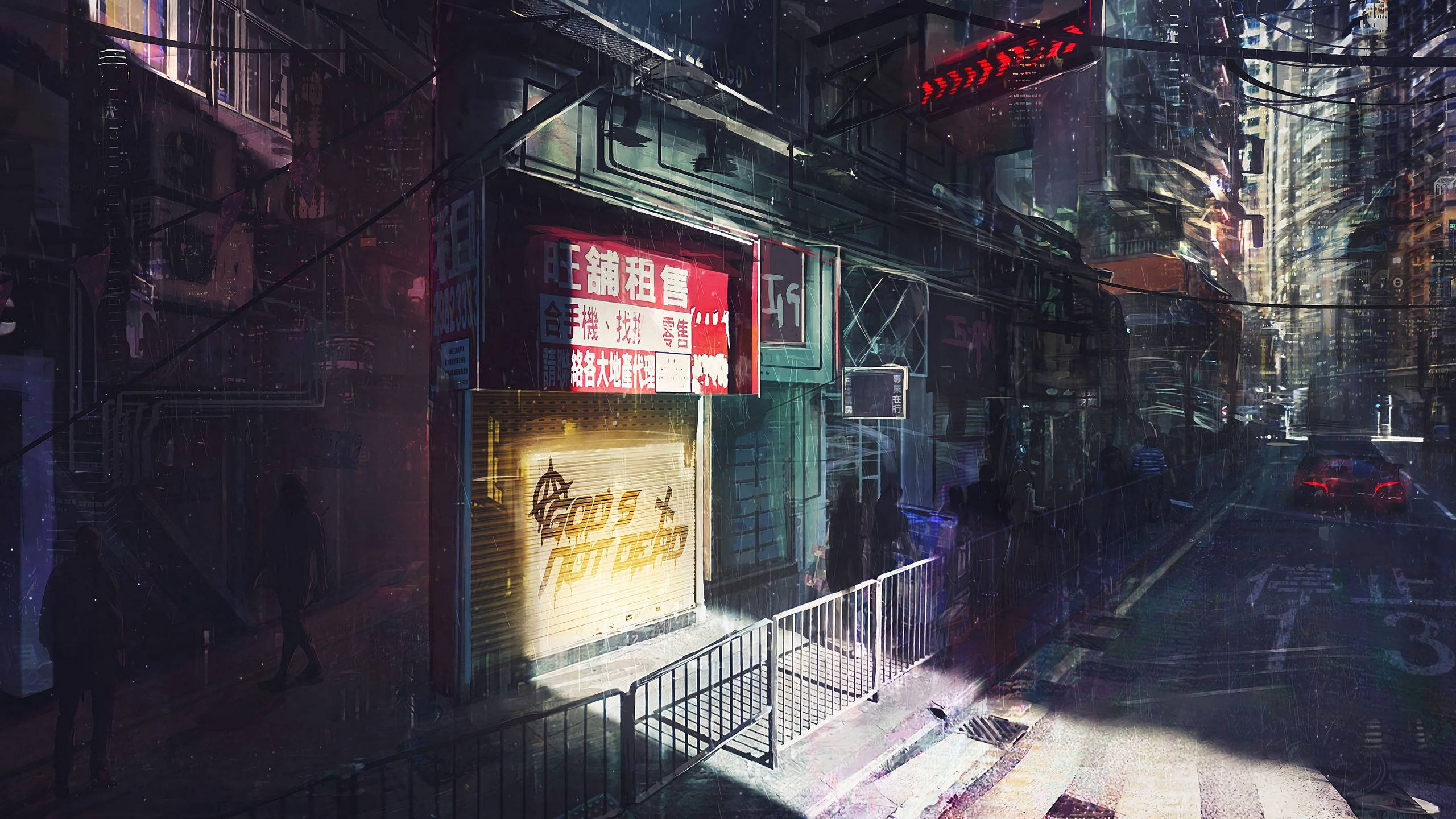 cyberpunk city, rain-slicked neon-lit alleyway, glowing signs, 2K Desktop Wallpaper
