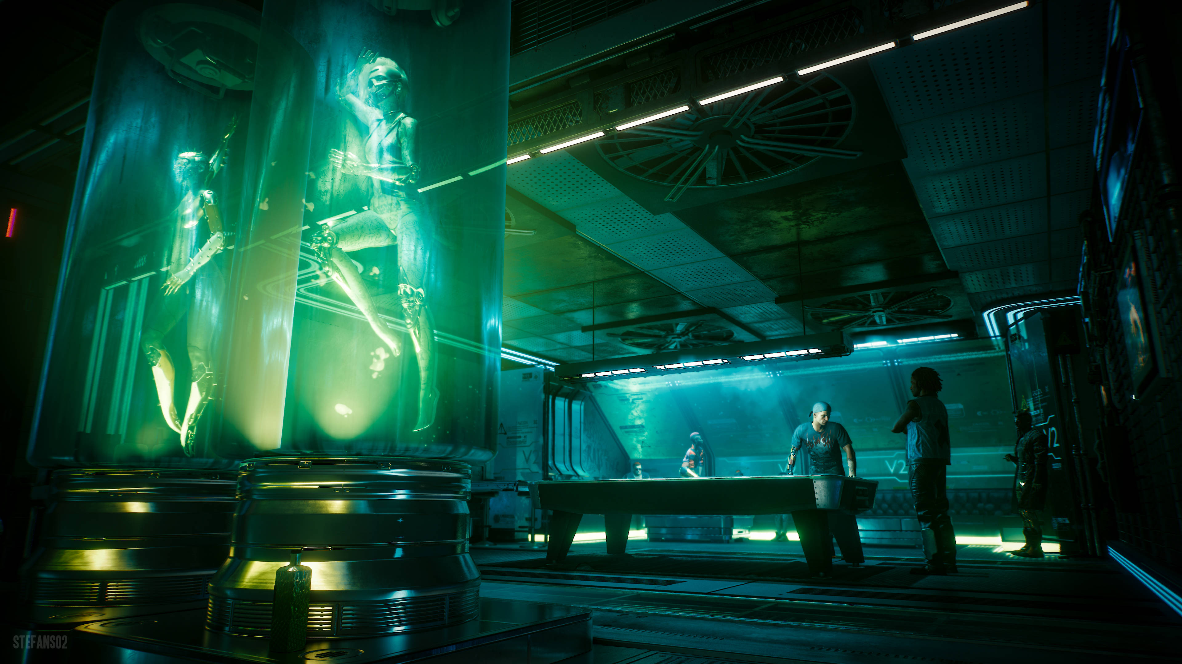 Cyberpunk Desktop, glowing green tubes, suspended humanoid figures, 4K Desktop Wallpaper