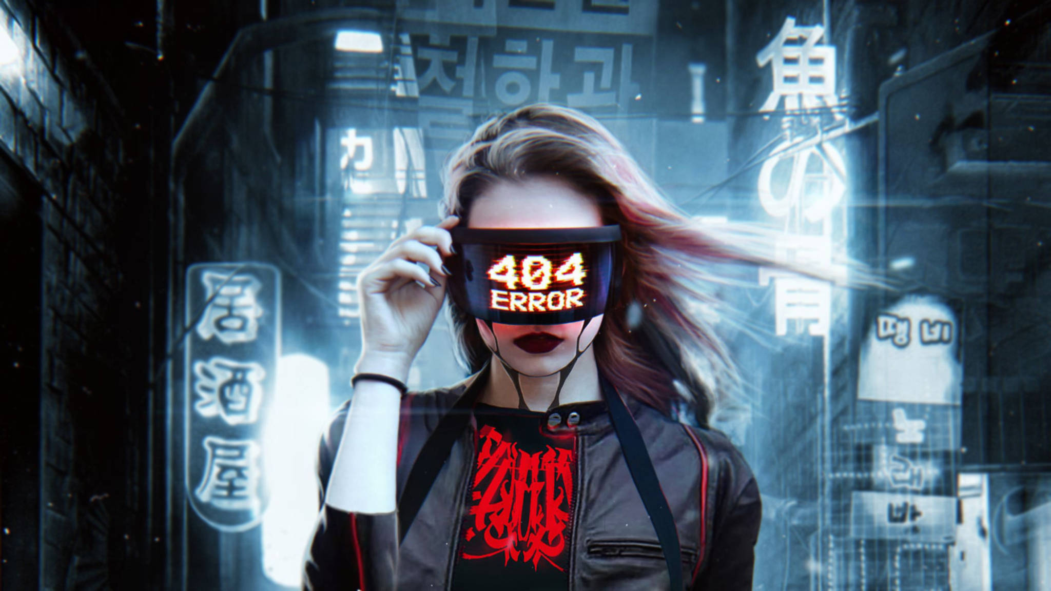 cyberpunk woman, glowing 404 error glasses, neon-lit alley, Full HD Desktop Wallpaper