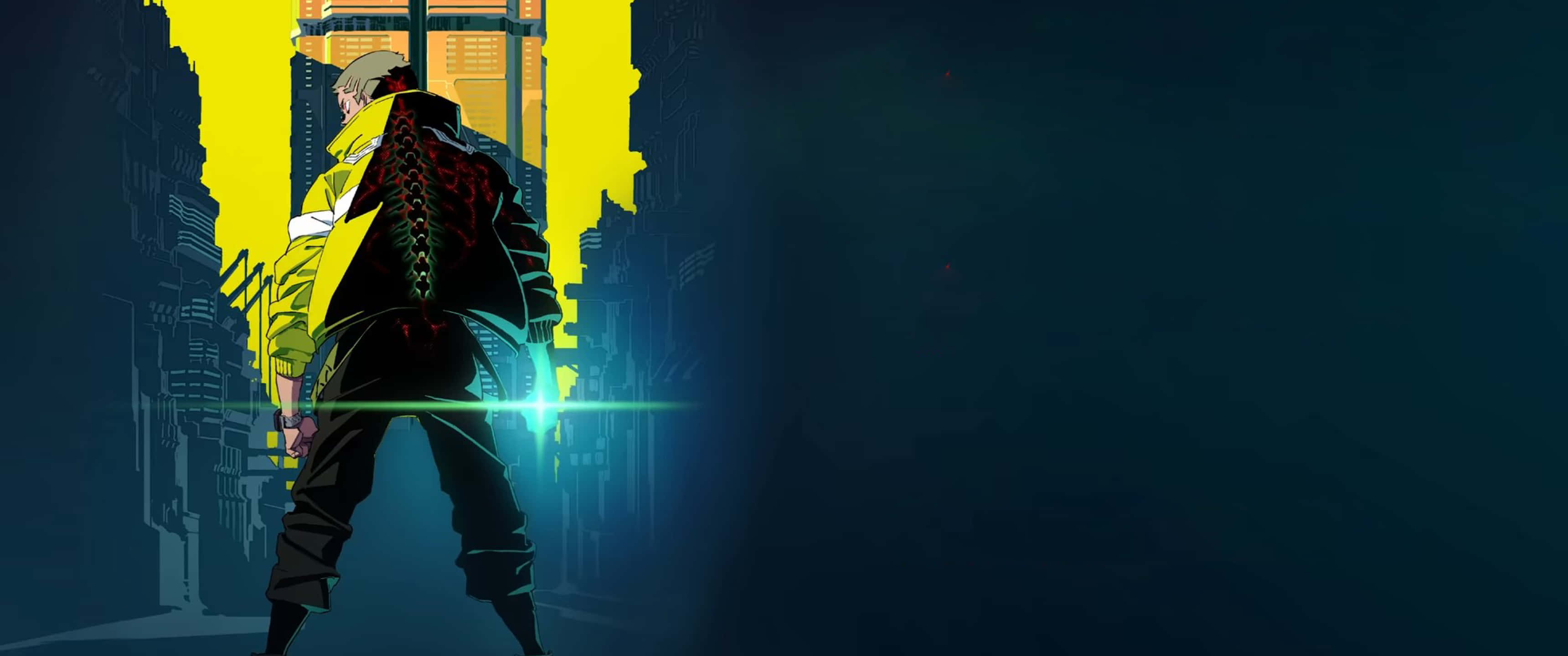 3440x1440, neon-lit urban alleyway, glowing yellow skyscrapers, 2K Desktop Wallpaper