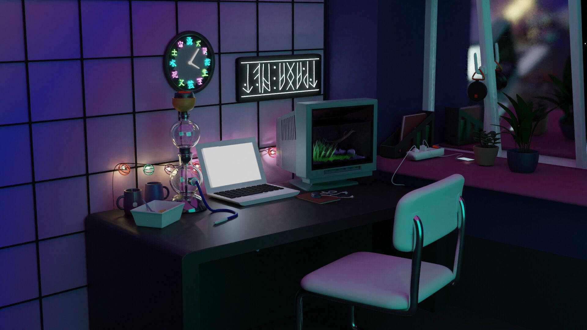 Cyberpunk Style Room, neon purple glow, vintage computer, Full HD Desktop Wallpaper