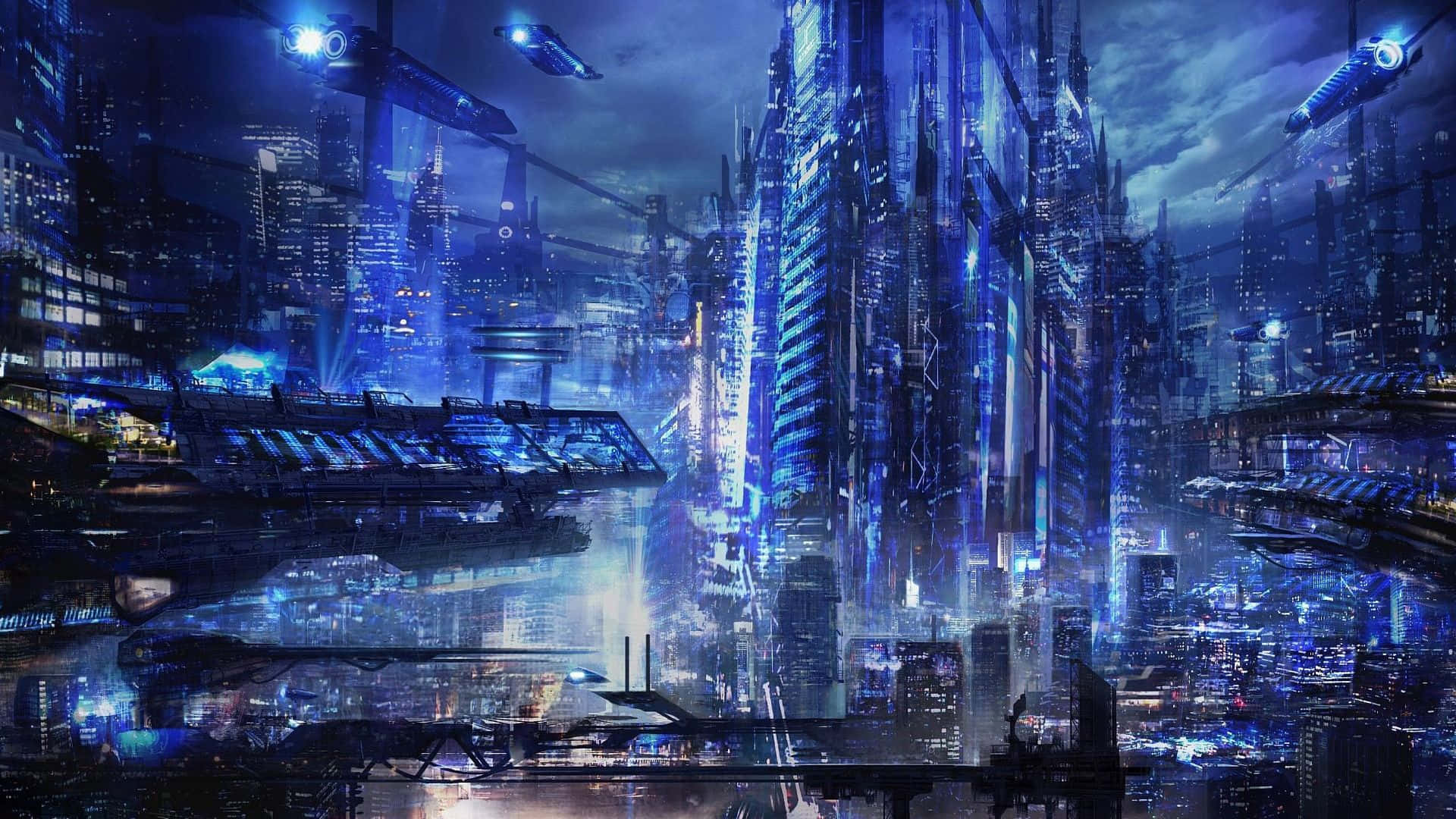 Cyberpunk Laptop, futuristic city, glowing blue skyscrapers, Full HD Desktop Wallpaper